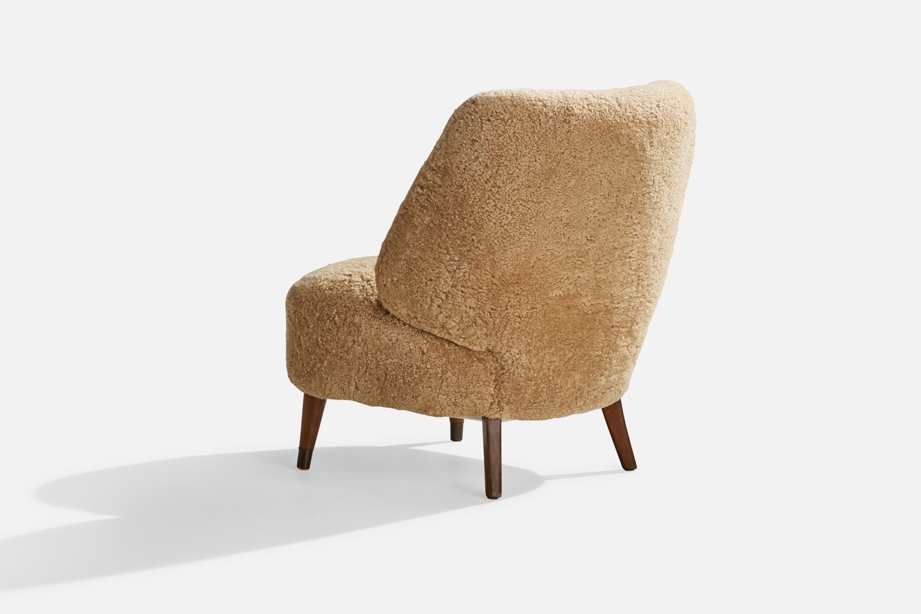 Sheepskin Sven Staaf, Lounge Chair, Shearling, Wood, Sweden, 1940s For Sale
