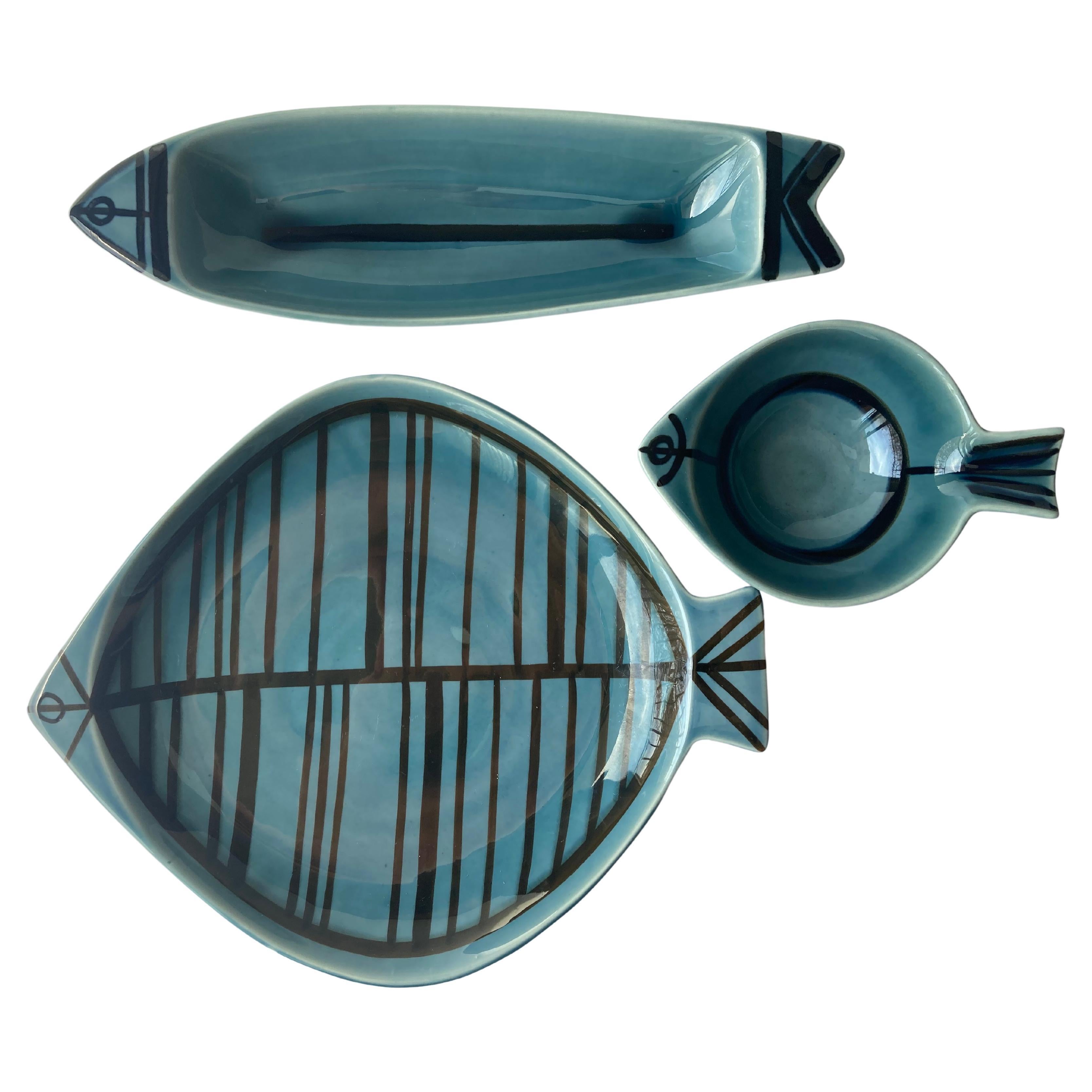 Sven Wejsfelt Ceramic Fish Plates Set 3, Pcs 'Stim' by Gustavsberg, Sweden For Sale
