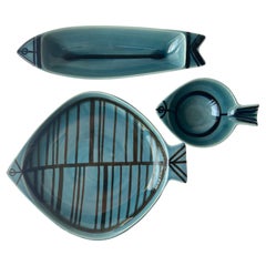 Sven Wejsfelt Ceramic Fish Plates Set 3, Pcs 'Stim' by Gustavsberg, Sweden
