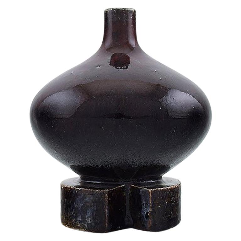 Sven Wejsfelt for Gustavsberg Studio Hand. Unique Vase on Foot in Glazed Ceramic