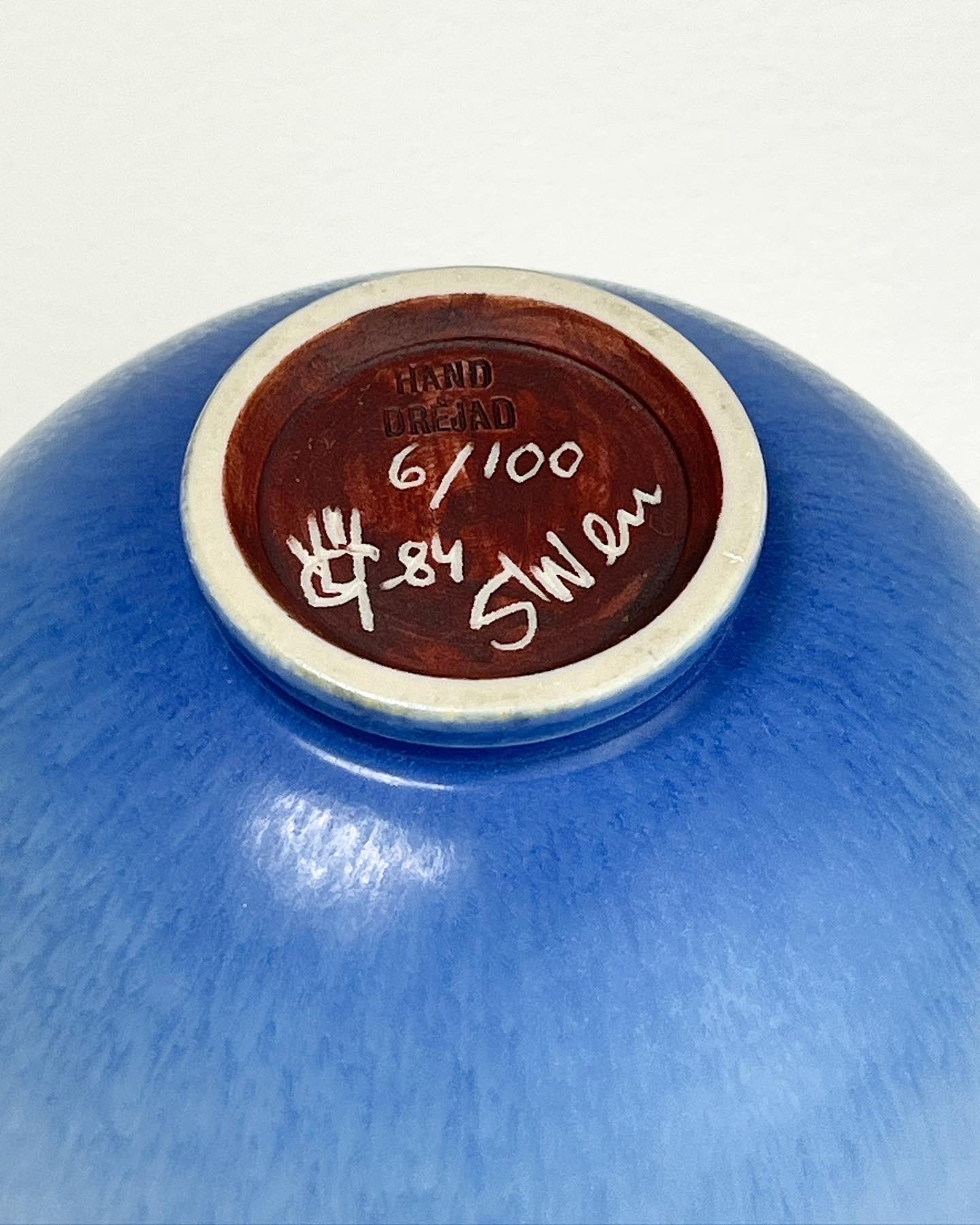 Sven Wejsfelt Stoneware Bowl Gustavsberg Sweden Blue Hares Fur Glaze, 1984 3