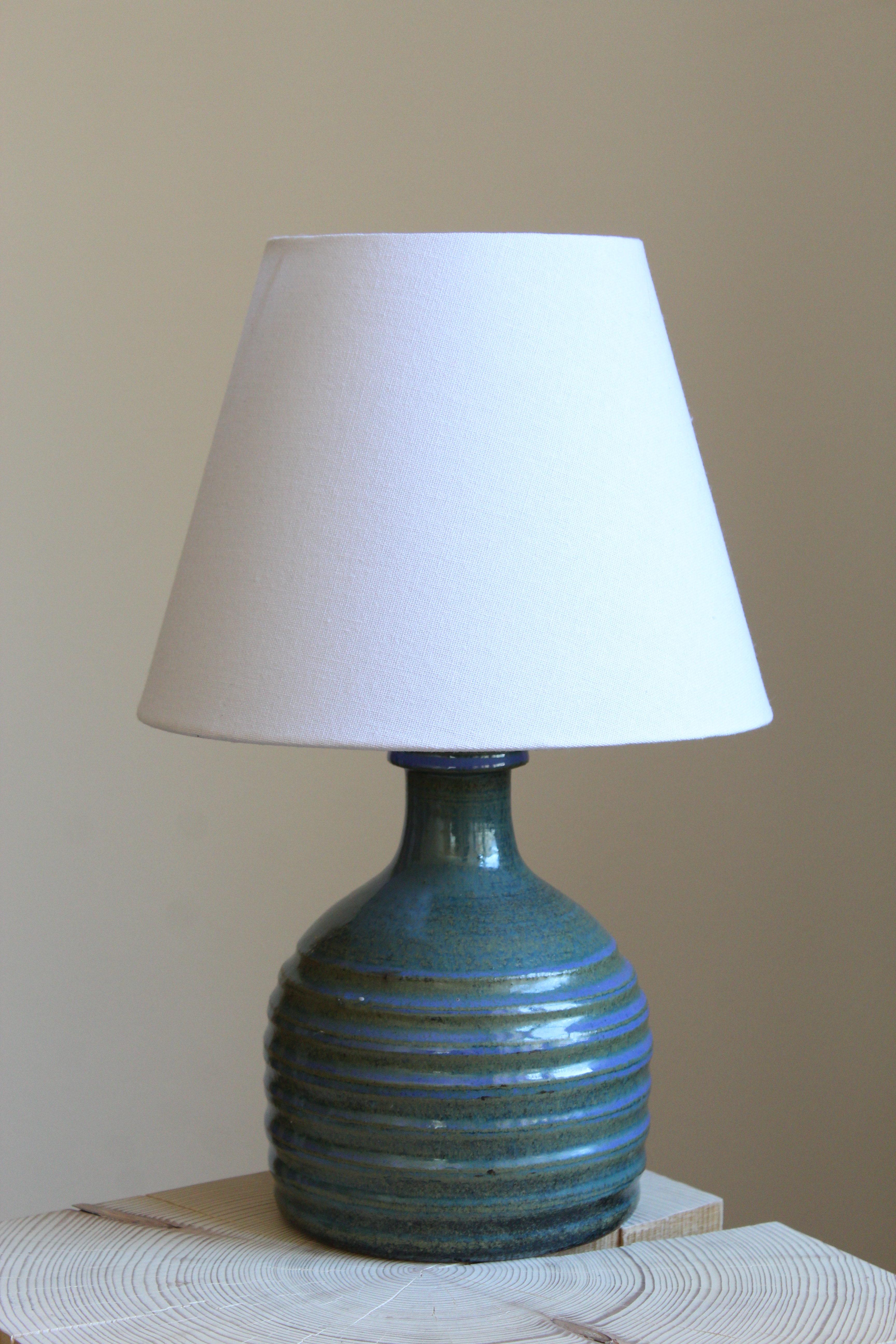 An organically shaped sizable stoneware table lamp by Sven Wejsfelt for the iconic Swedish firm Gustavsberg. Signed. Sold without lampshade.

Glaze features a blue-green color.

Other ceramicists of the period include Berndt Friberg, Axel Salto,