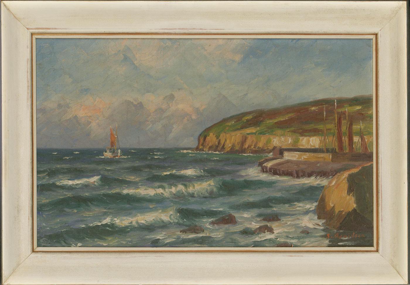 A fine coastal landscape by the Danish artist Svend Aage Arvidsen (1908-1981), depicting a coastline with high cliffs and headland, and a small fishing vessel. The artist has captured the movement and spirit of the setting, with dynamic brushwork