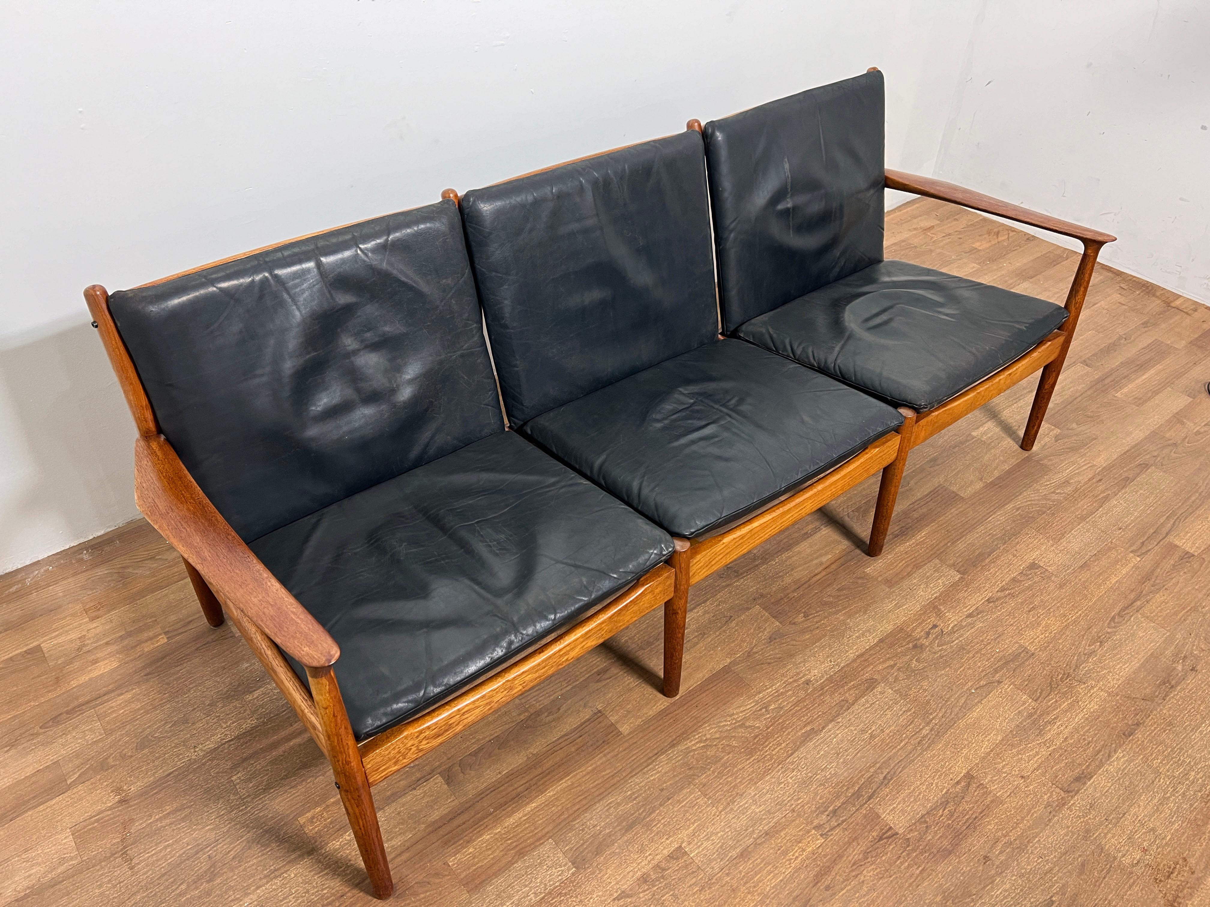 Scandinavian Modern Svend Aage Eriksen for Glostrup Danish Teak & Leather Three Seat Sofa Ca. 1960s For Sale
