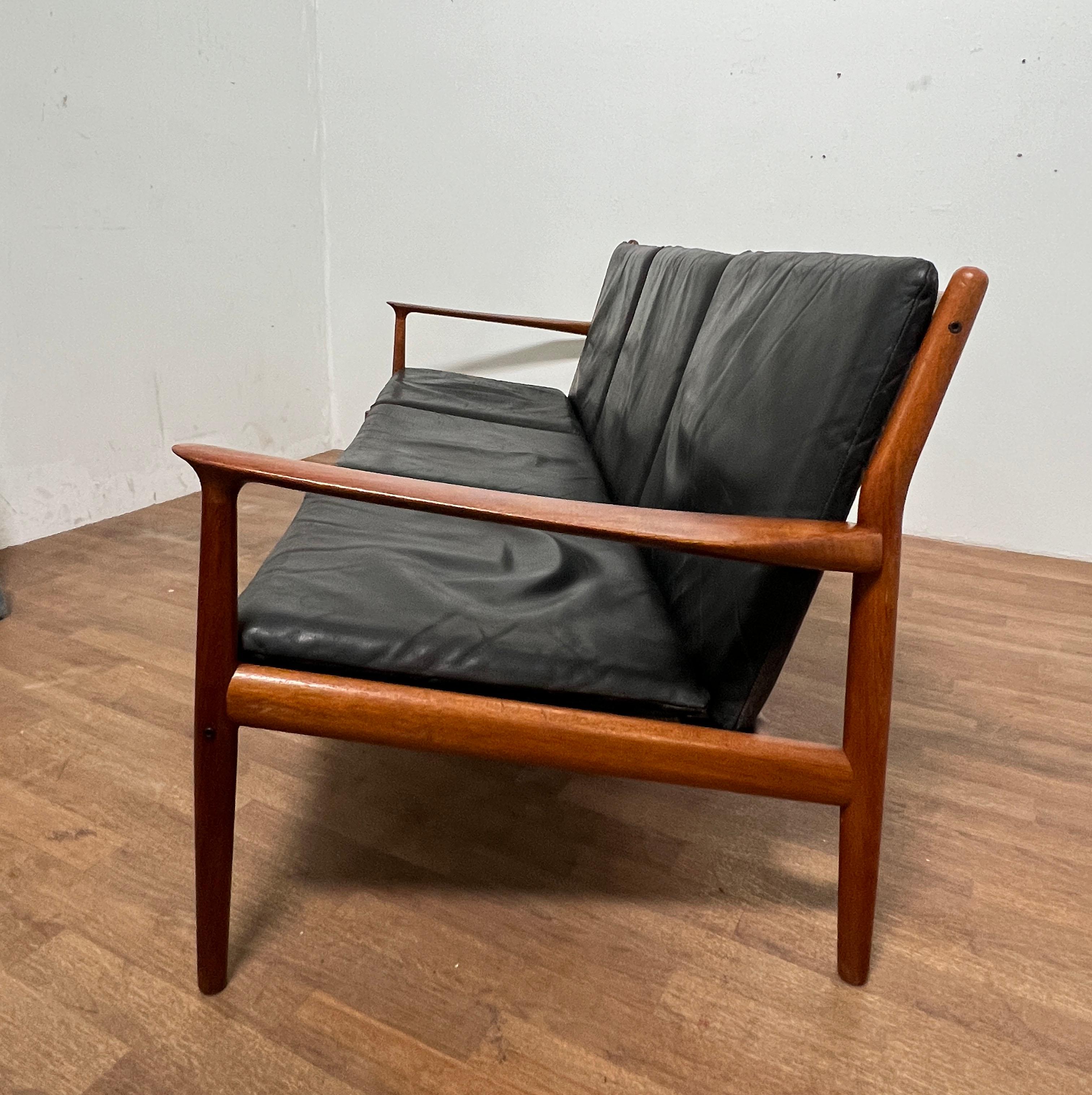 Mid-20th Century Svend Aage Eriksen for Glostrup Danish Teak & Leather Three Seat Sofa Ca. 1960s For Sale