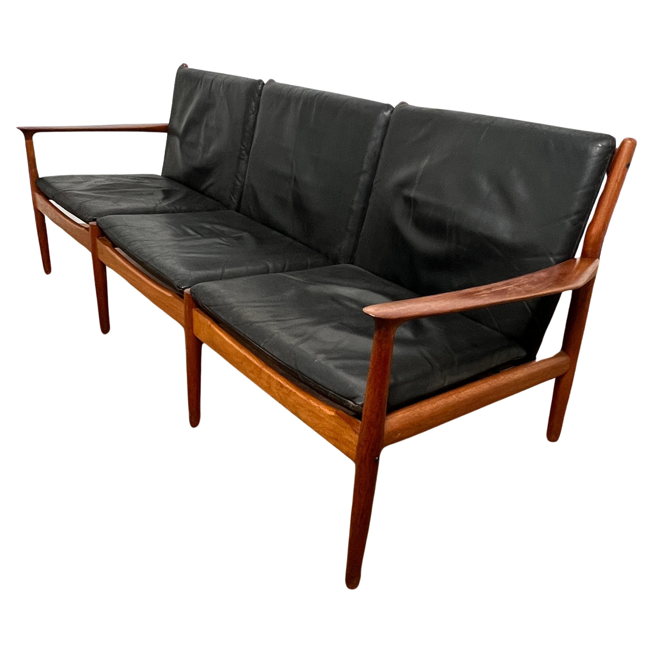 Svend Aage Eriksen for Glostrup Danish Teak & Leather Three Seat Sofa Ca. 1960s For Sale