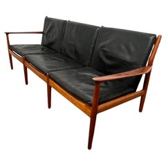 Vintage Svend Aage Eriksen for Glostrup Danish Teak & Leather Three Seat Sofa Ca. 1960s