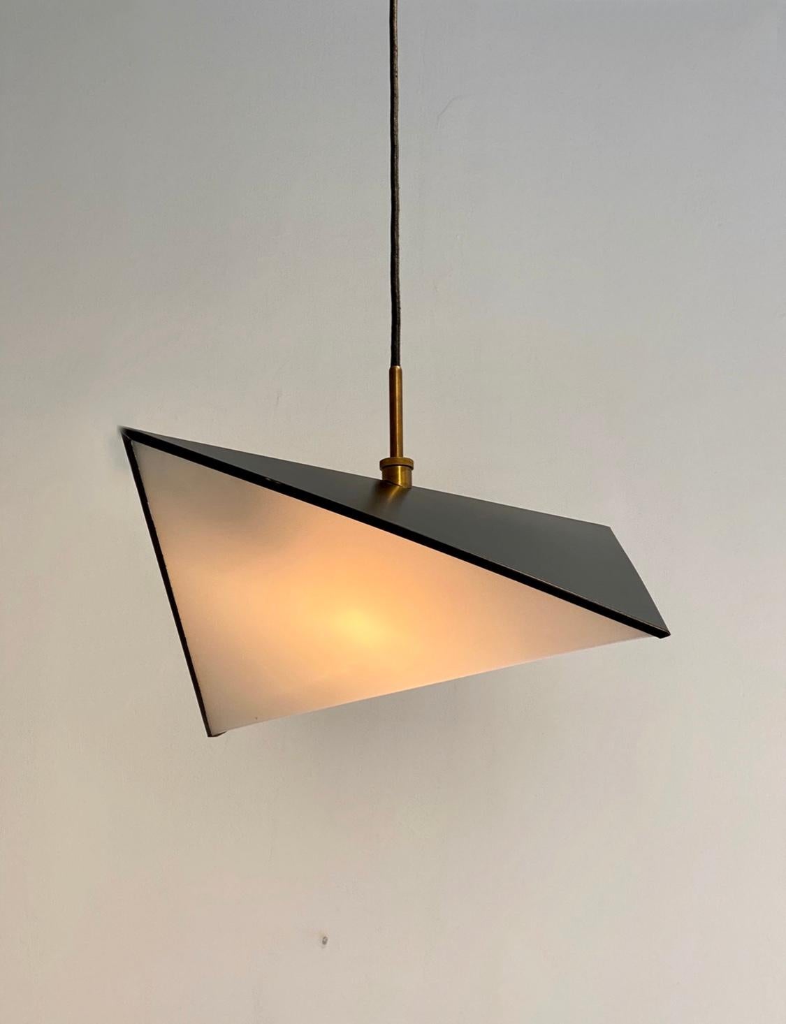 Prismatic form, ceiling light , designed by Svend Aage Sorensen in the 1960s.
Enameled metal, perspex and brass. 
All parts original, newly rewired. New square canopy.

This light can be viewed in my gallery in Chelsea, NY.