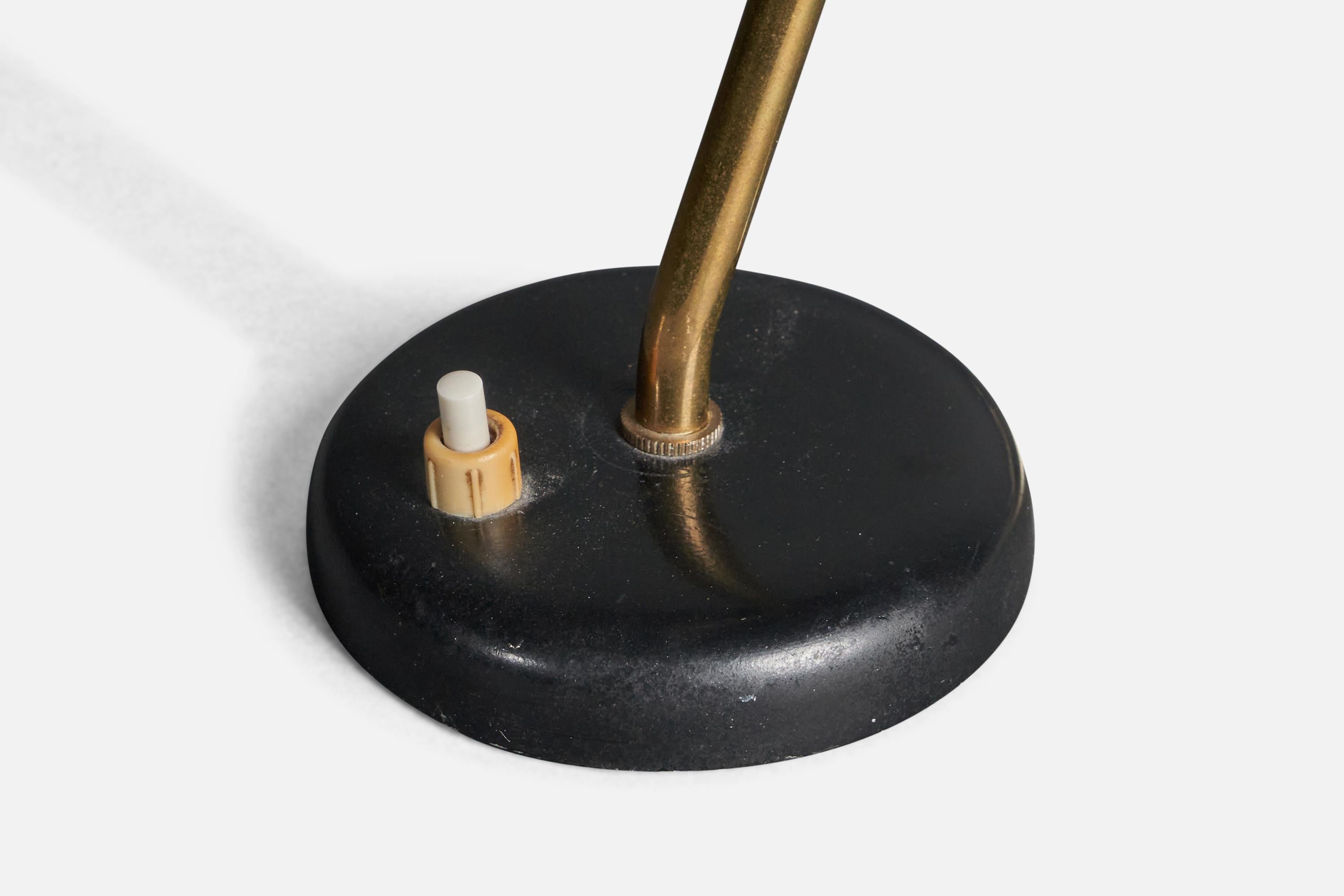 A table lamp / desk light, design is attributed to Svend Aage Holm SÃ¸rensen, Denmark, 1950s. Adjustable screen, original black lacquer.

Other designers of the period include Paavo Tynell, Serge Mouille, Josef Frank, Angelo Lelii, and Lisa