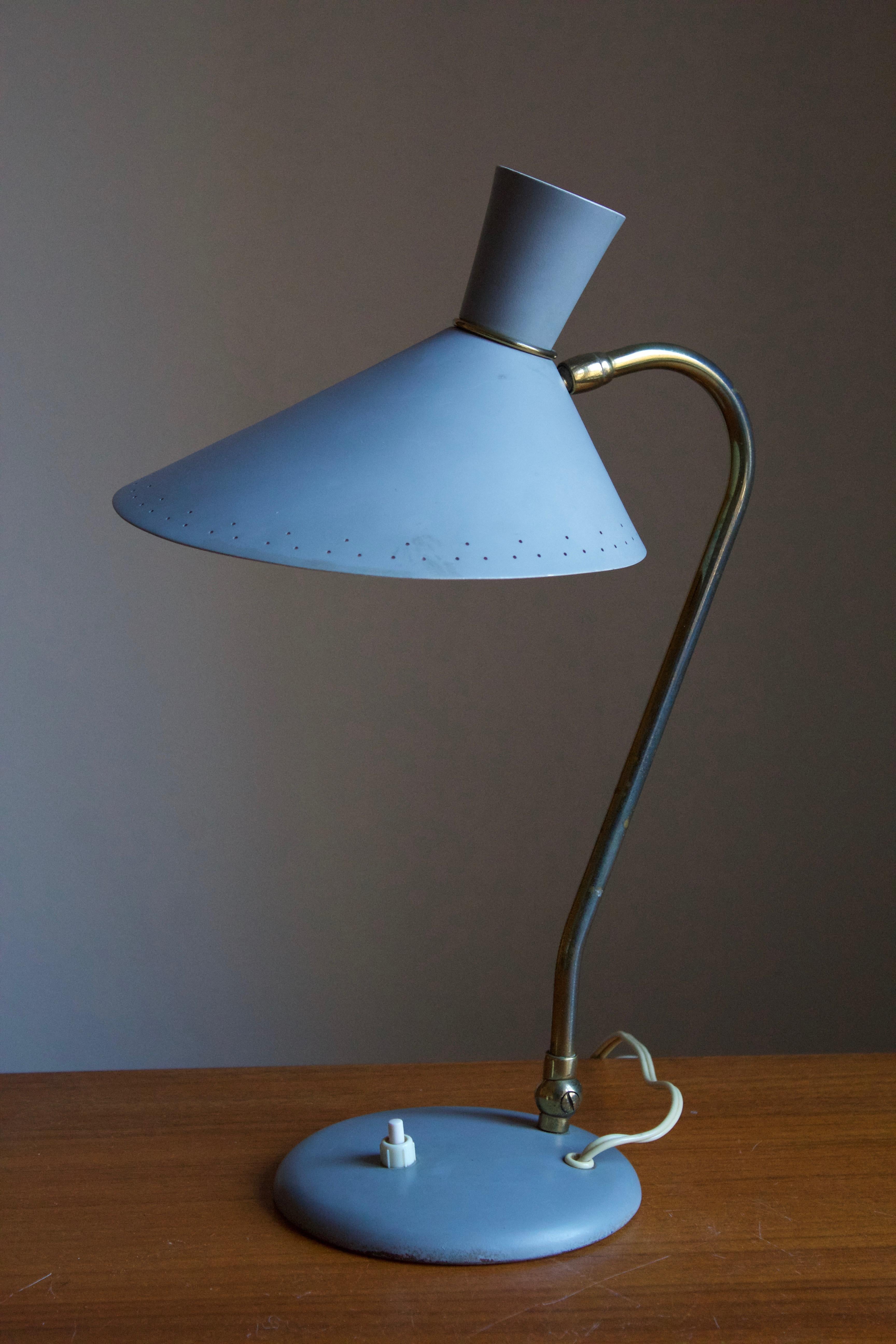 Danish Svend Aage Holm Sørensen, Adjustable Table Lamp, Brass, Metal, Denmark, 1950s