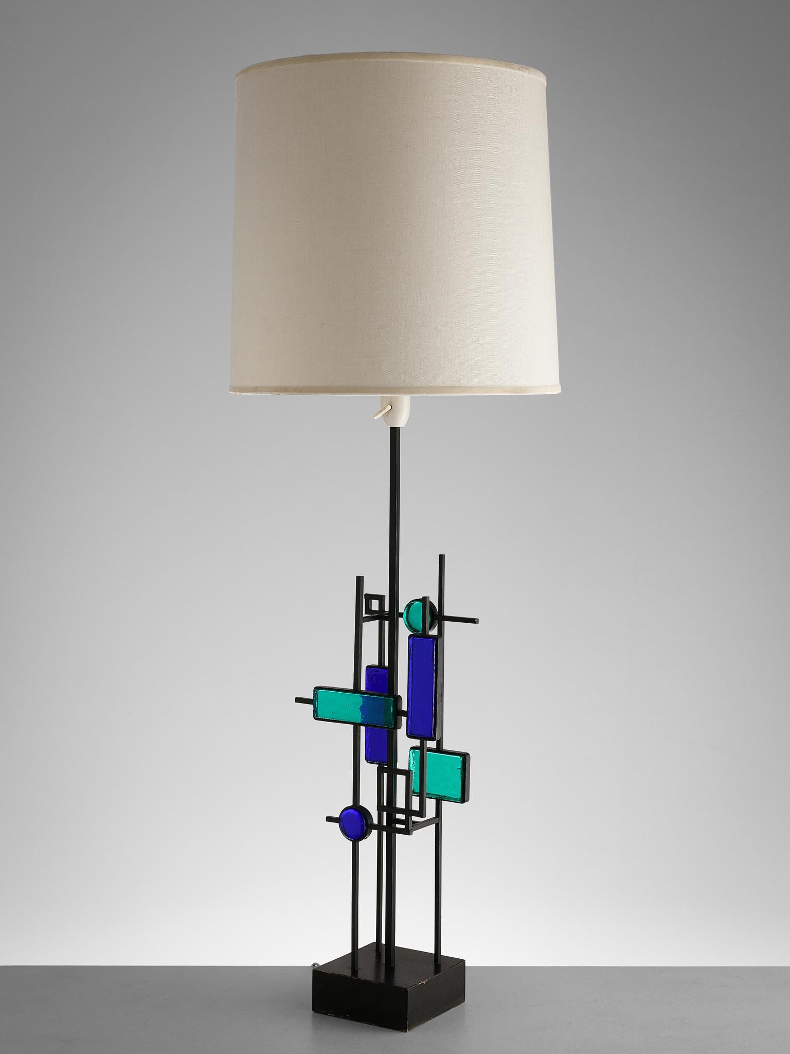 Svend Aage Holm Sørensen Brutalist Table Lamp with Iron Frame and Glass 1