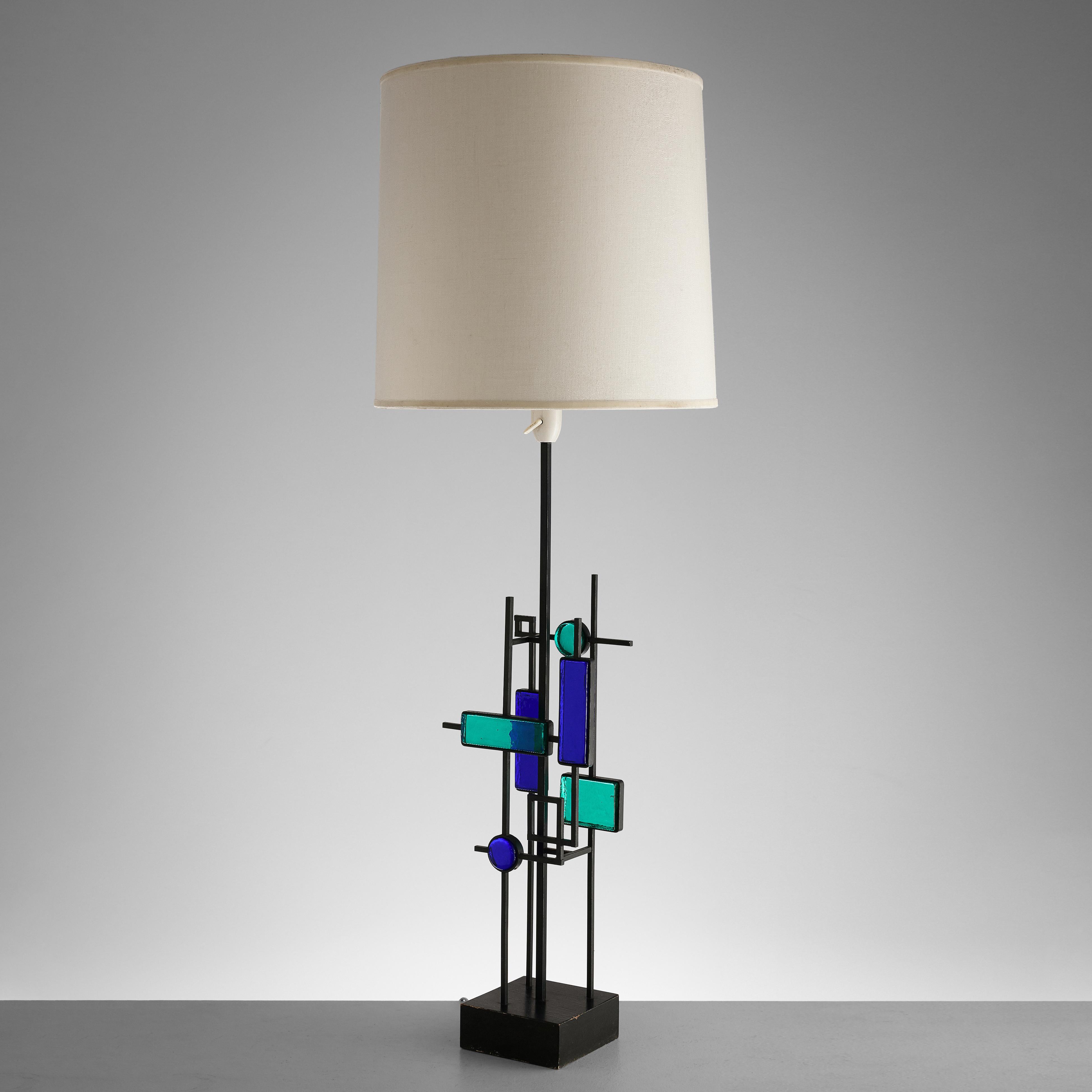 Mid-20th Century  Svend Aage Holm Sørensen Sculptural Table Lamp with Iron Frame and Glass  For Sale