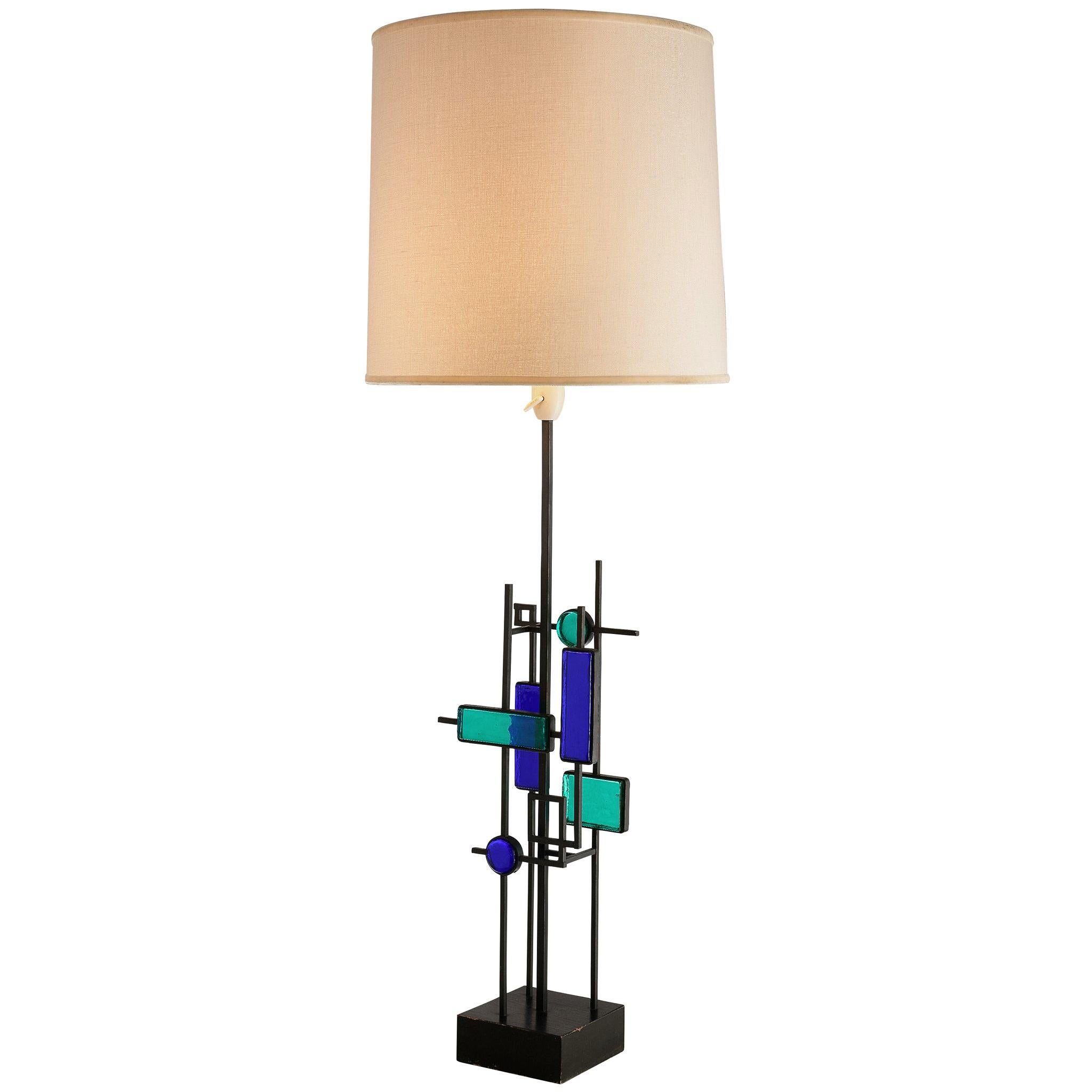 Svend Aage Holm Sørensen Brutalist Table Lamp with Iron Frame and Glass
