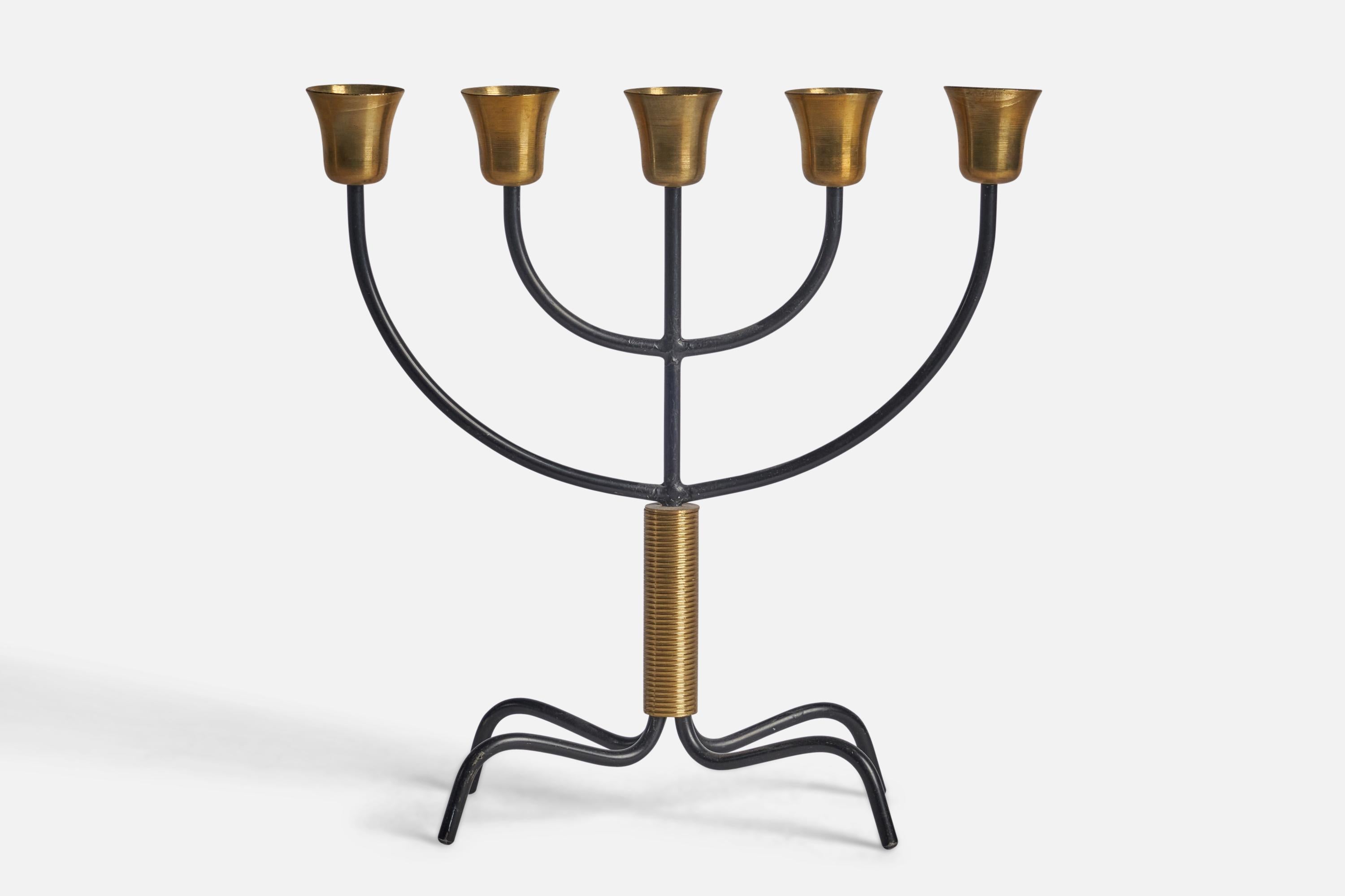A brass and black-lacquered metal candelabra designed and produced by Svend Aage Holm Sørensen, Denmark, 1960s.

Fits 0.9” diameter candles