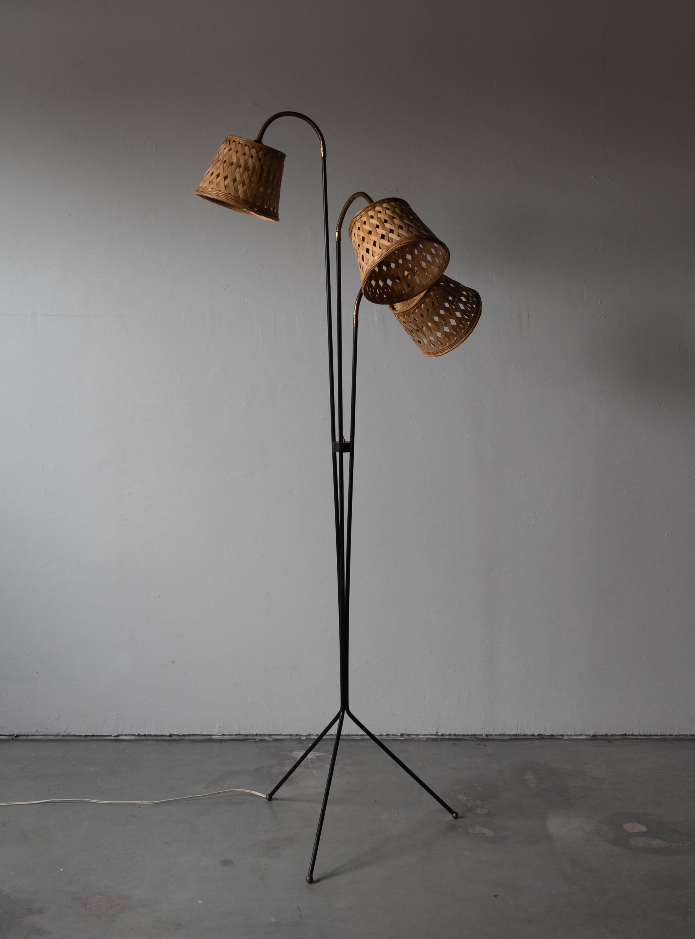 Mid-20th Century Svend Aage Holm Sørensen, Floor Lamp, Metal, Brass, Rattan, Denmark 1950s