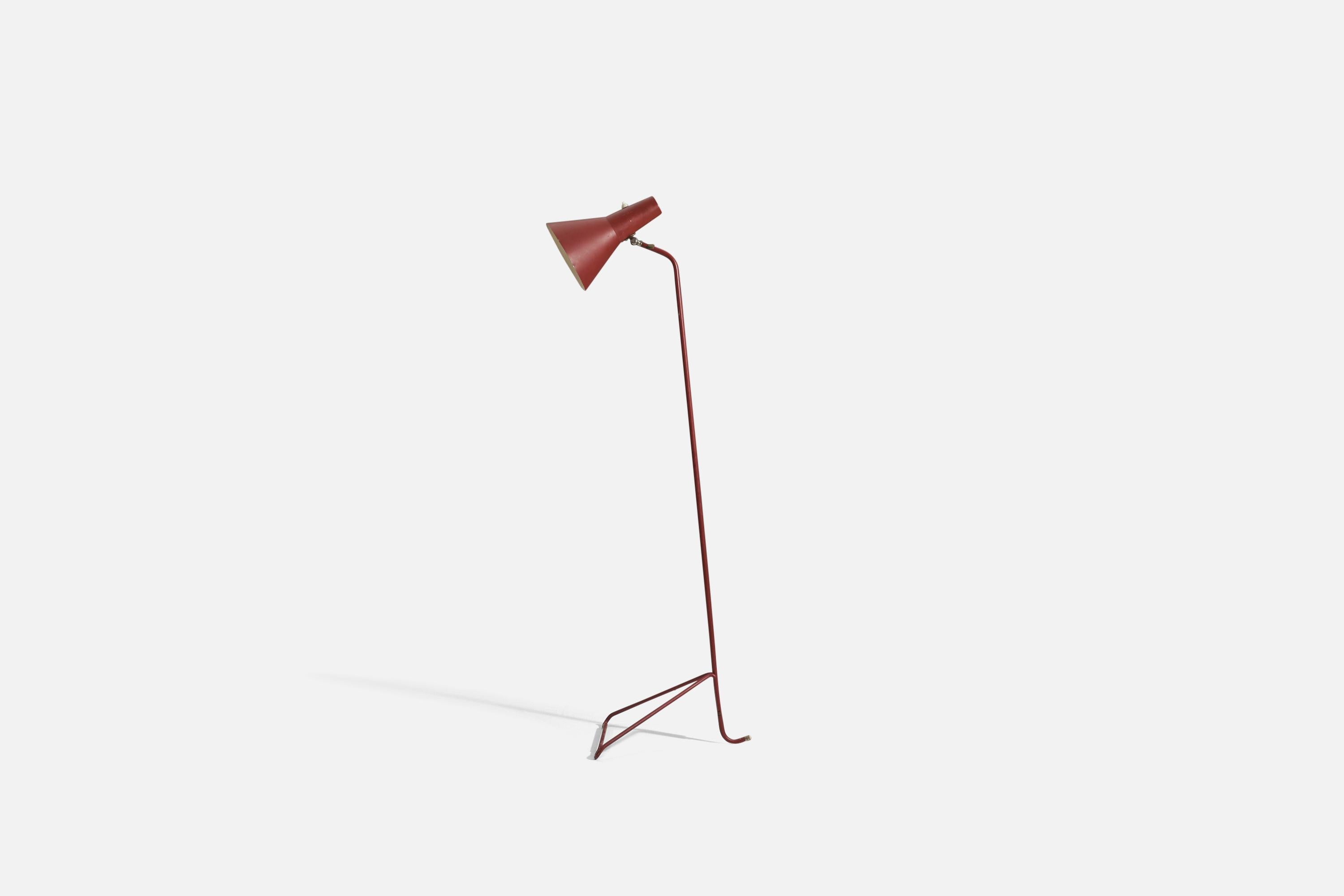 A brass and red-lacquered metal, adjustable floor lamp, design attributed to Svend Aage Holm Sørensen, 1950s. Produced by ASEA, Sweden, 1950s.