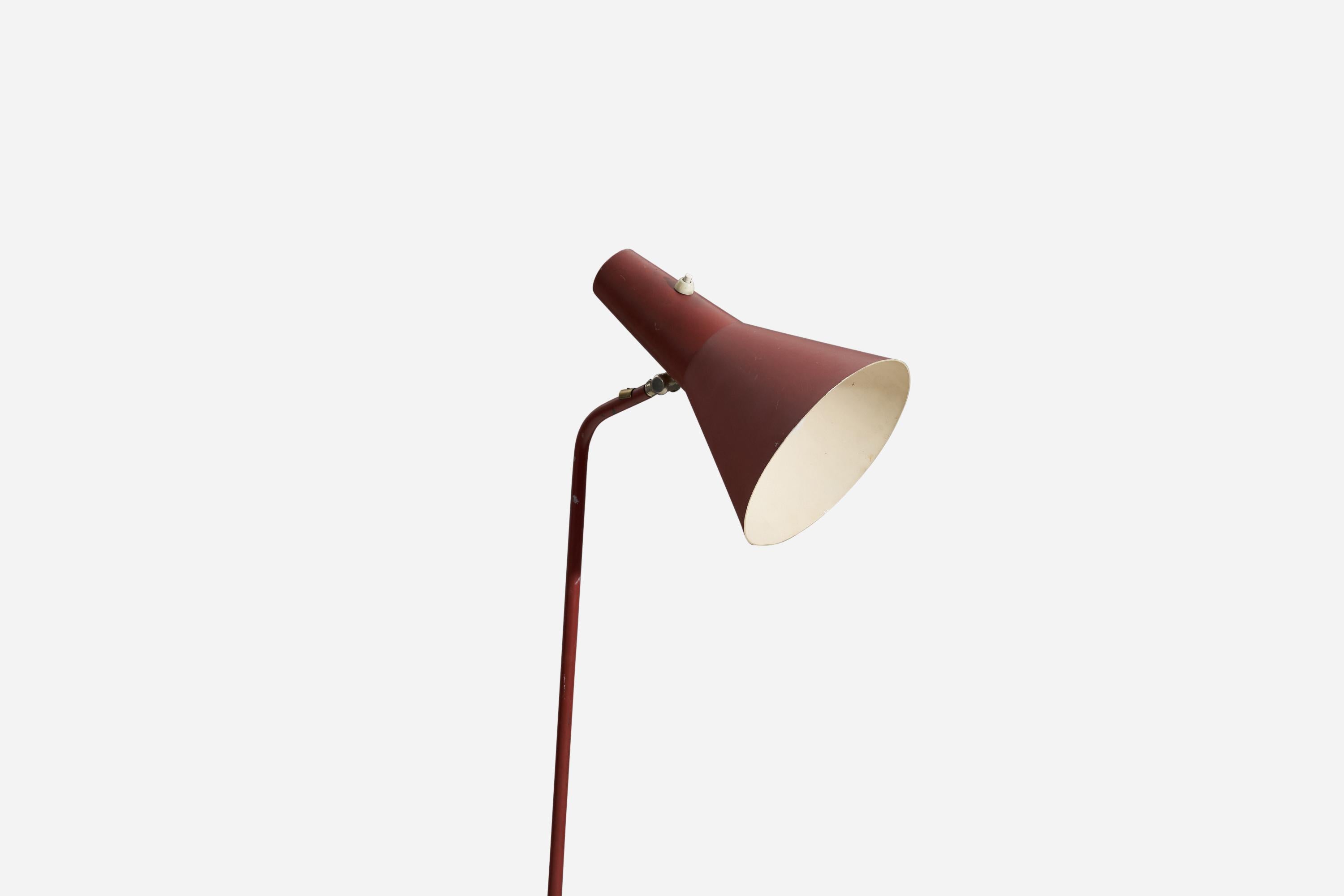 Mid-Century Modern Svend Aage Holm Sørensen, Floor Lamp, Red Lacquer Metal, Brass ASEA Sweden 1950s For Sale