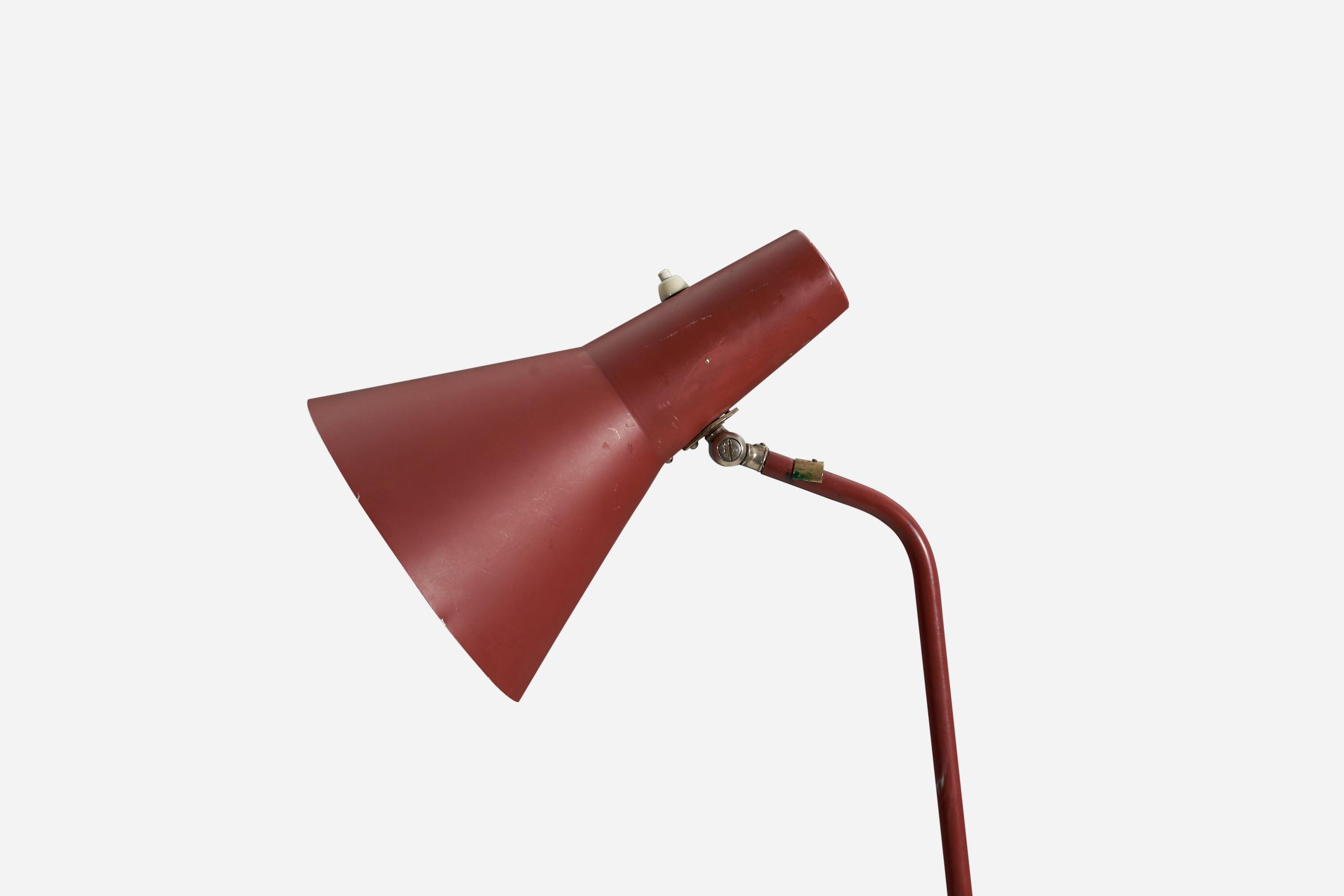 Svend Aage Holm Sørensen, Floor Lamp, Red Lacquer Metal, Brass ASEA Sweden 1950s In Good Condition For Sale In High Point, NC