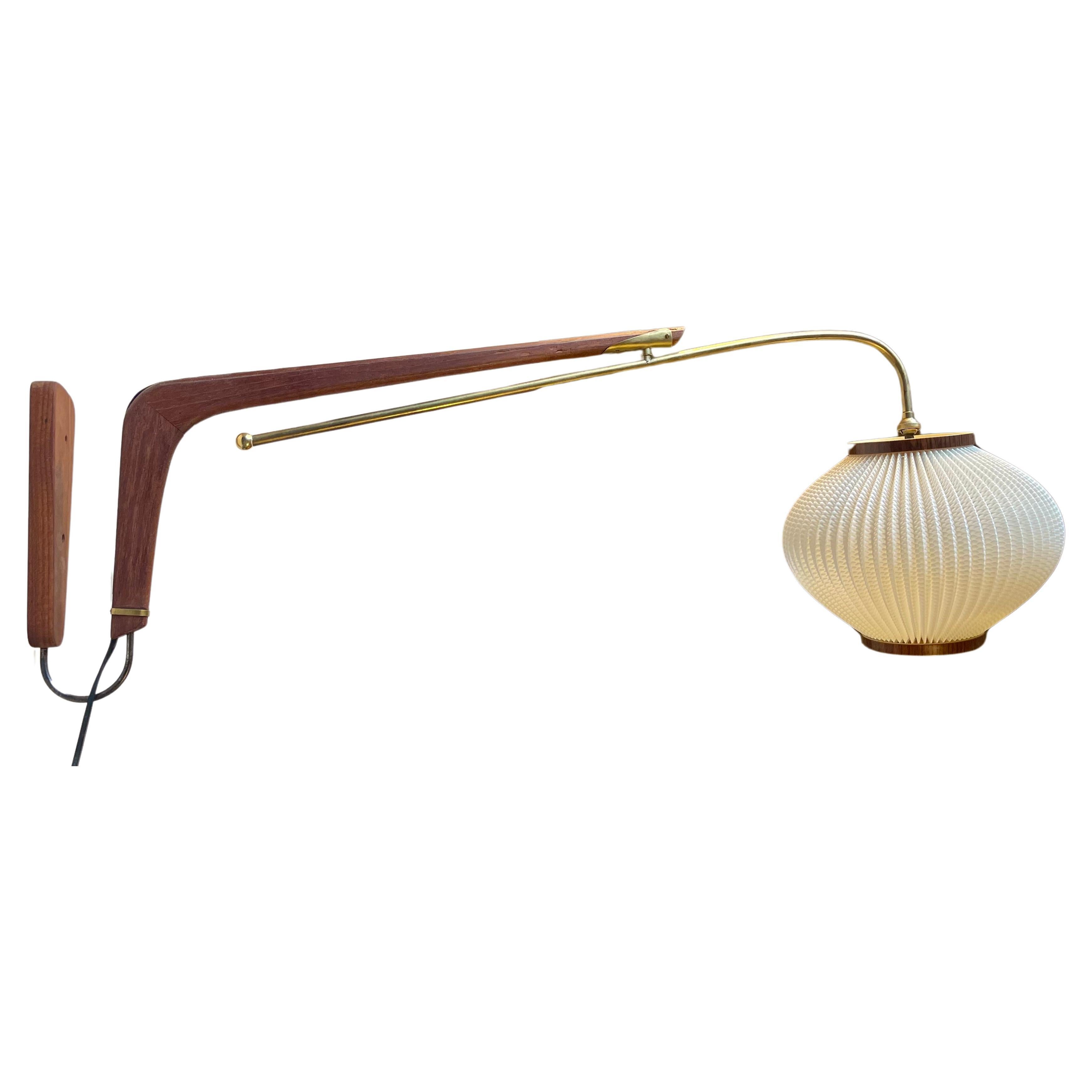 Svend Aage Holm Sørensen Large Articulated Wall Lamp in Teak and Brass, 1950s For Sale