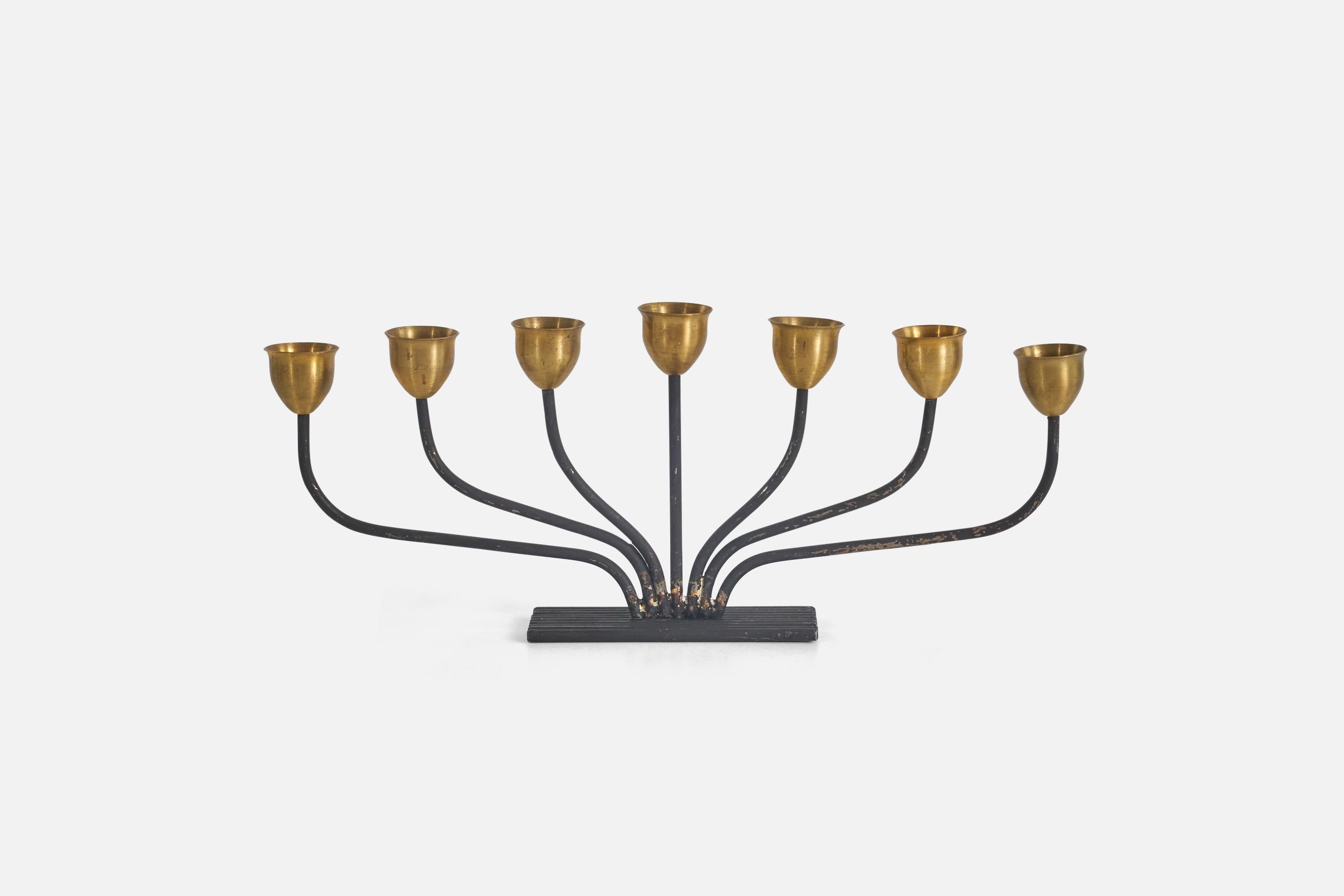 A pair of brass and black-laquered metal candelabra designed by Svend Aage Holm Sørensen and produced by Holm Sørensen Co, Denmark, 1960s.