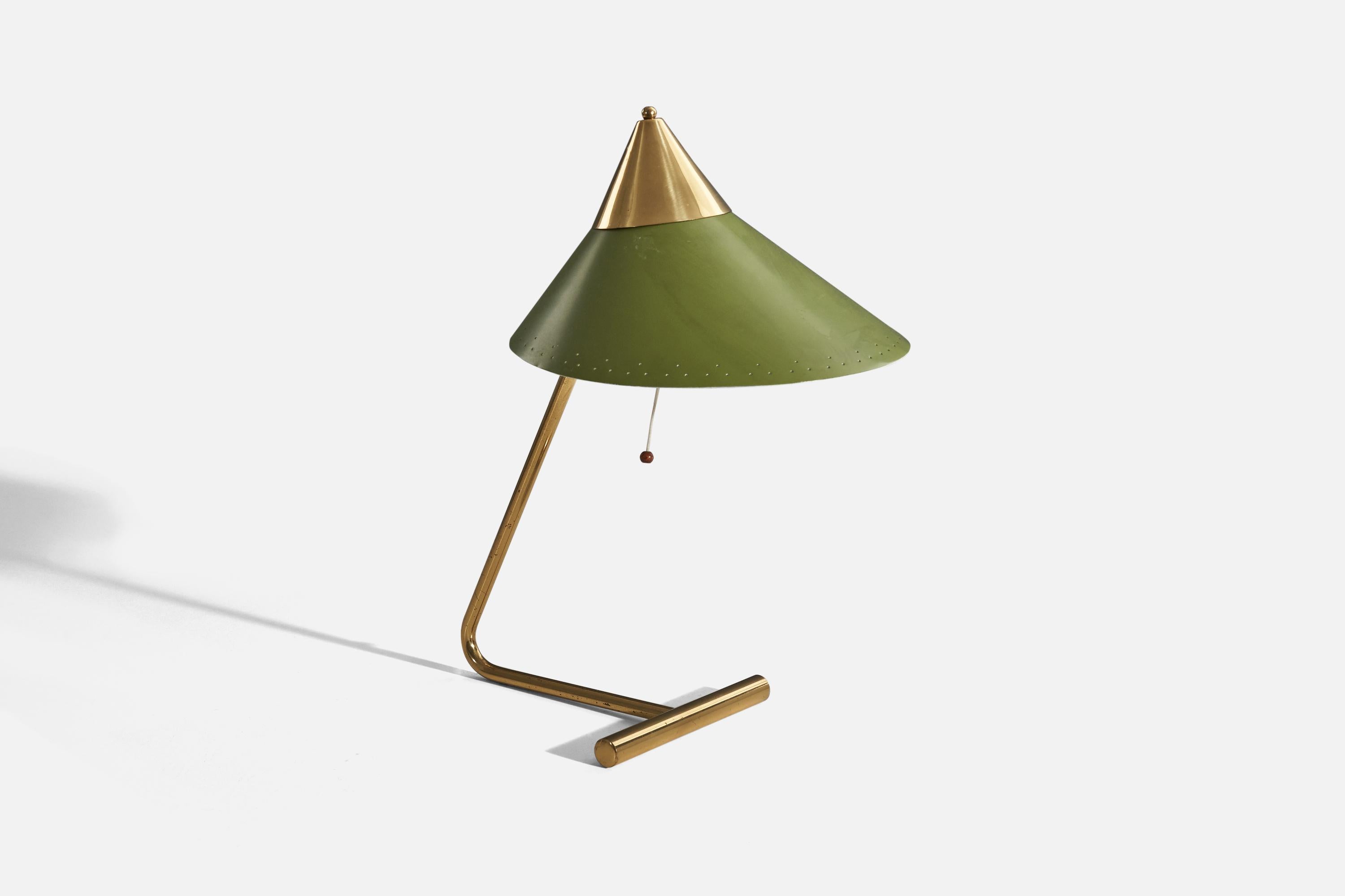 Danish Svend Aage Holm Sørensen, Table Lamp, Brass, Green Metal, Denmark, 1950s For Sale