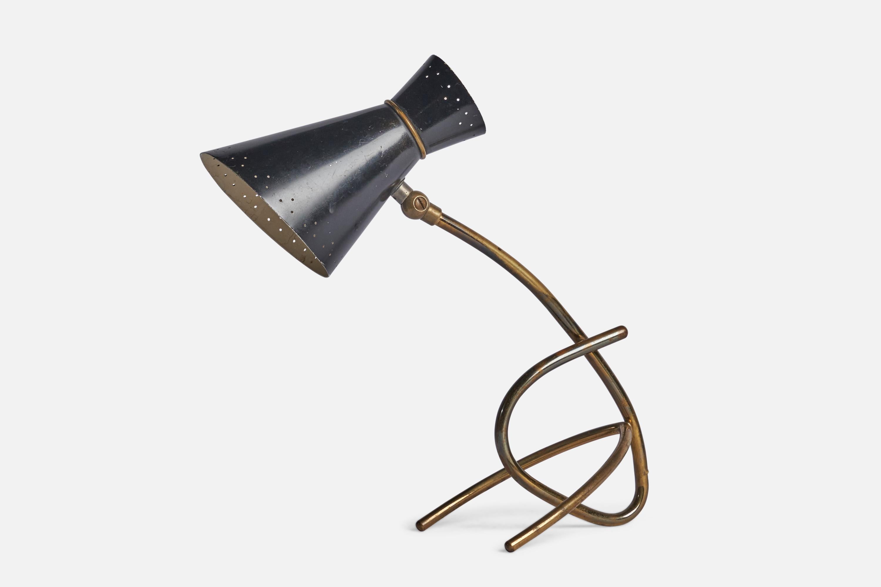 A brass and black-lacquered metal table lamp designed and produced by Svend Aage Holm Sørensen, Denmark, 1950s

Overall Dimensions (inches): 11.75” H x 4.75 W x 11.5” D
Bulb Specifications: E-14 Bulb
Number of Sockets: 1
All lighting will be