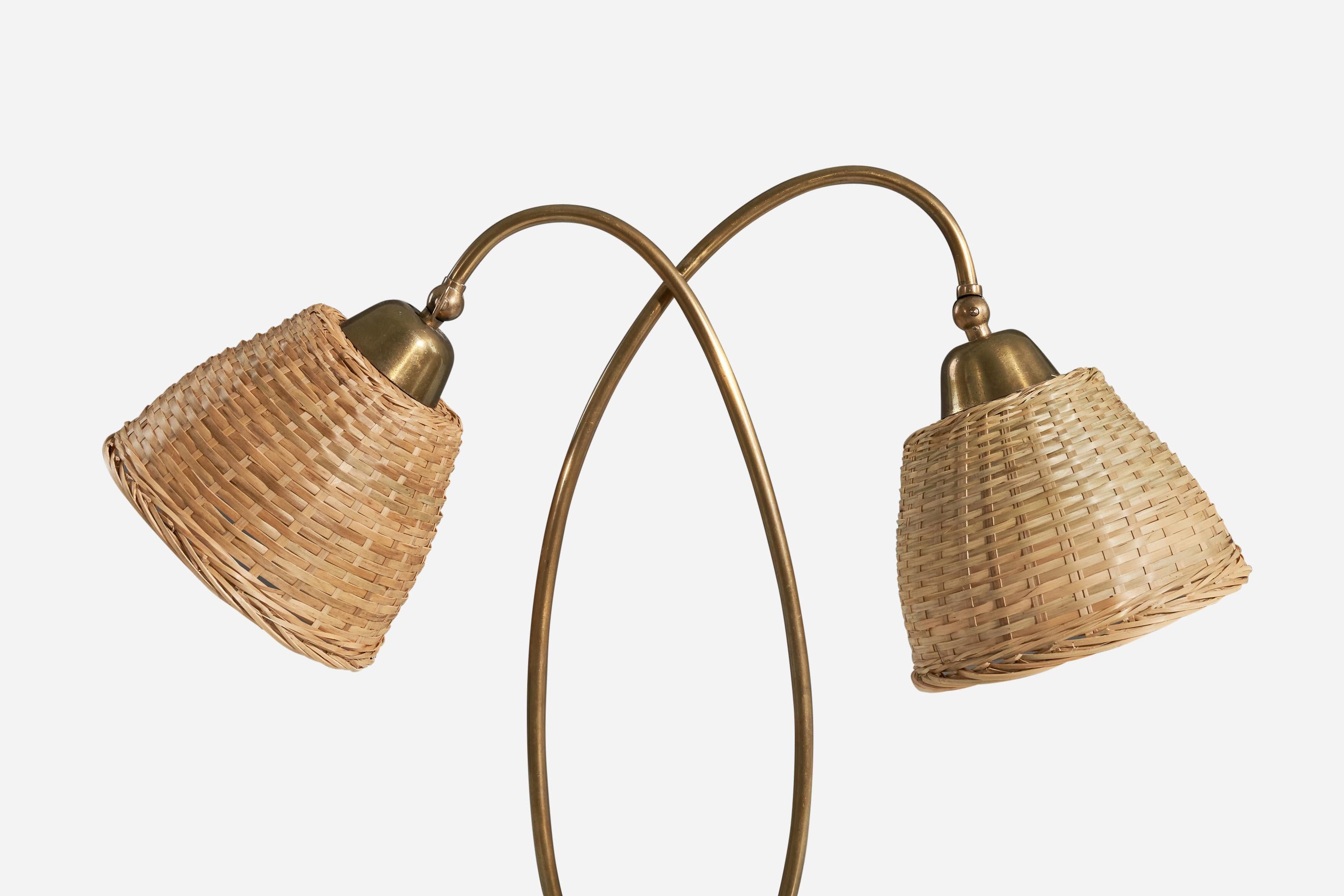 Mid-Century Modern Svend Aage Holm Sørensen, Table Lamp, Brass, Rattan, Denmark, 1950s For Sale