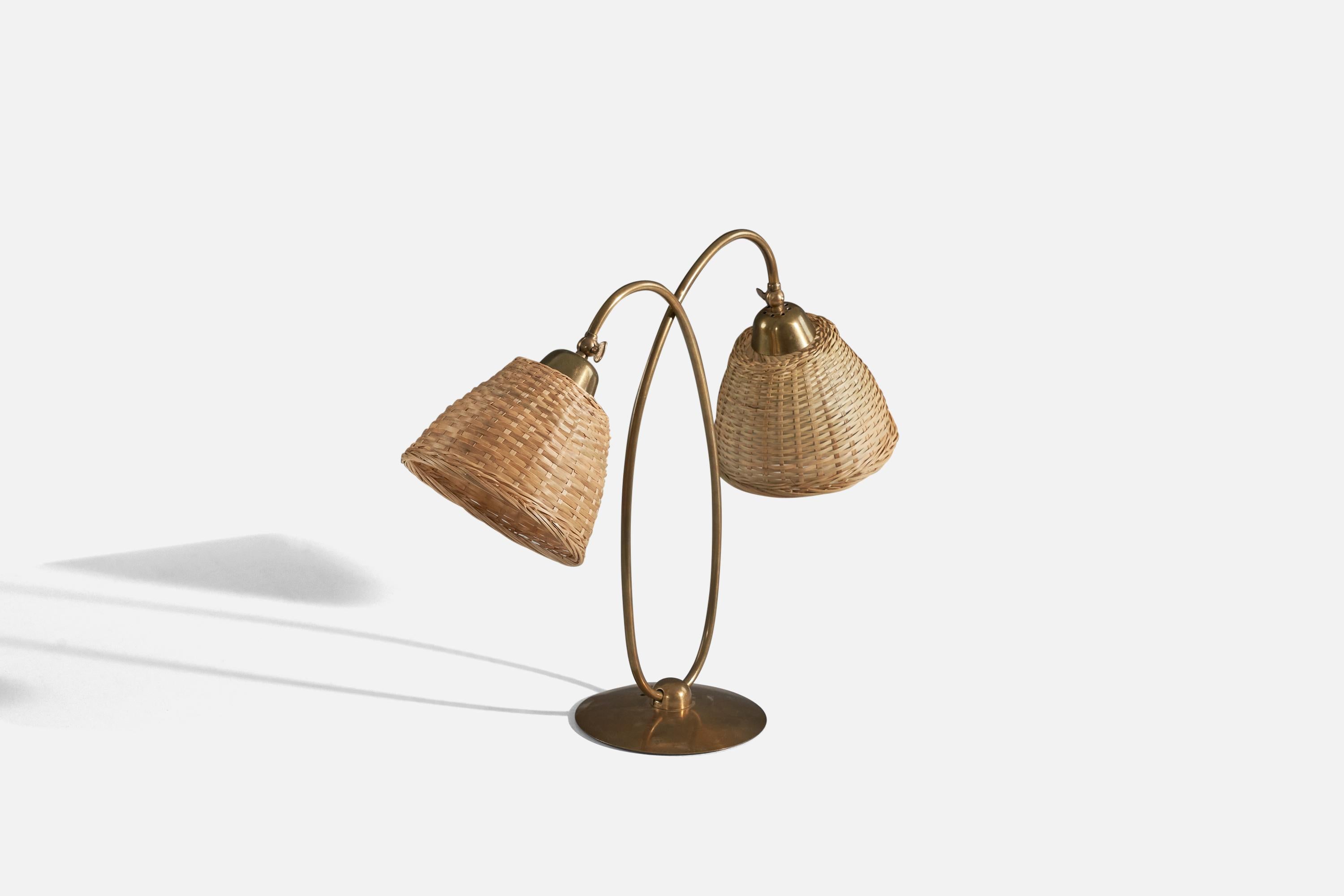 Svend Aage Holm Sørensen, Table Lamp, Brass, Rattan, Denmark, 1950s In Good Condition For Sale In High Point, NC