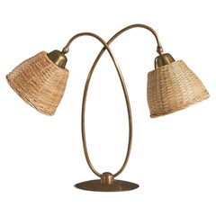 Vintage Svend Aage Holm Sørensen, Table Lamp, Brass, Rattan, Denmark, 1950s