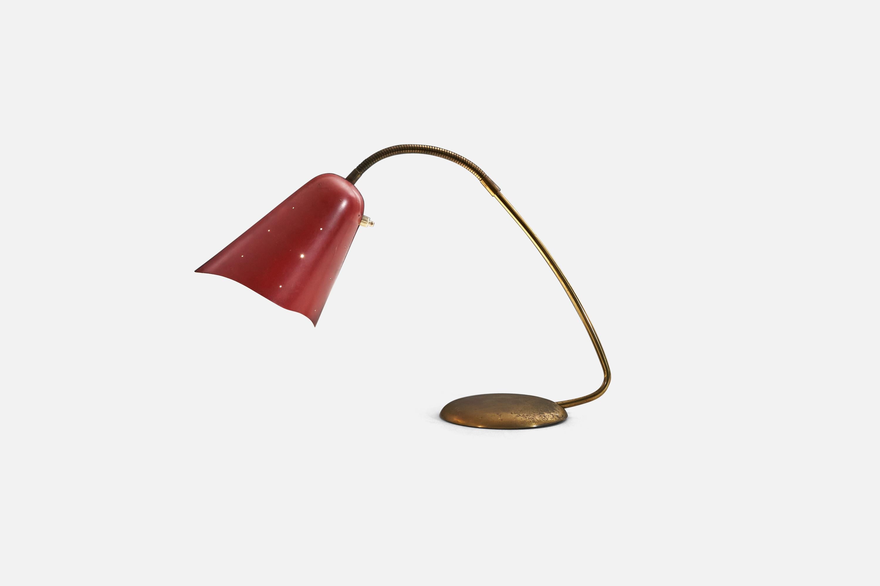 A brass and red-lacquered metal table lamp designed and produced by Svend Aage Holm Sørensen, Denmark, 1950s.