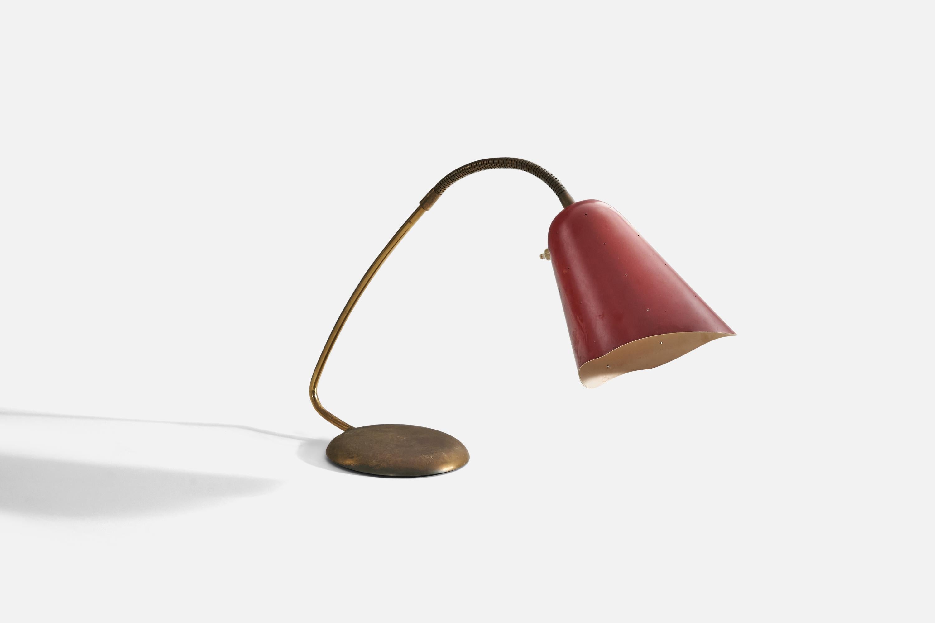 Mid-Century Modern Svend Aage Holm Sørensen, Table Lamp, Brass, Red Metal, Denmark, 1950s For Sale