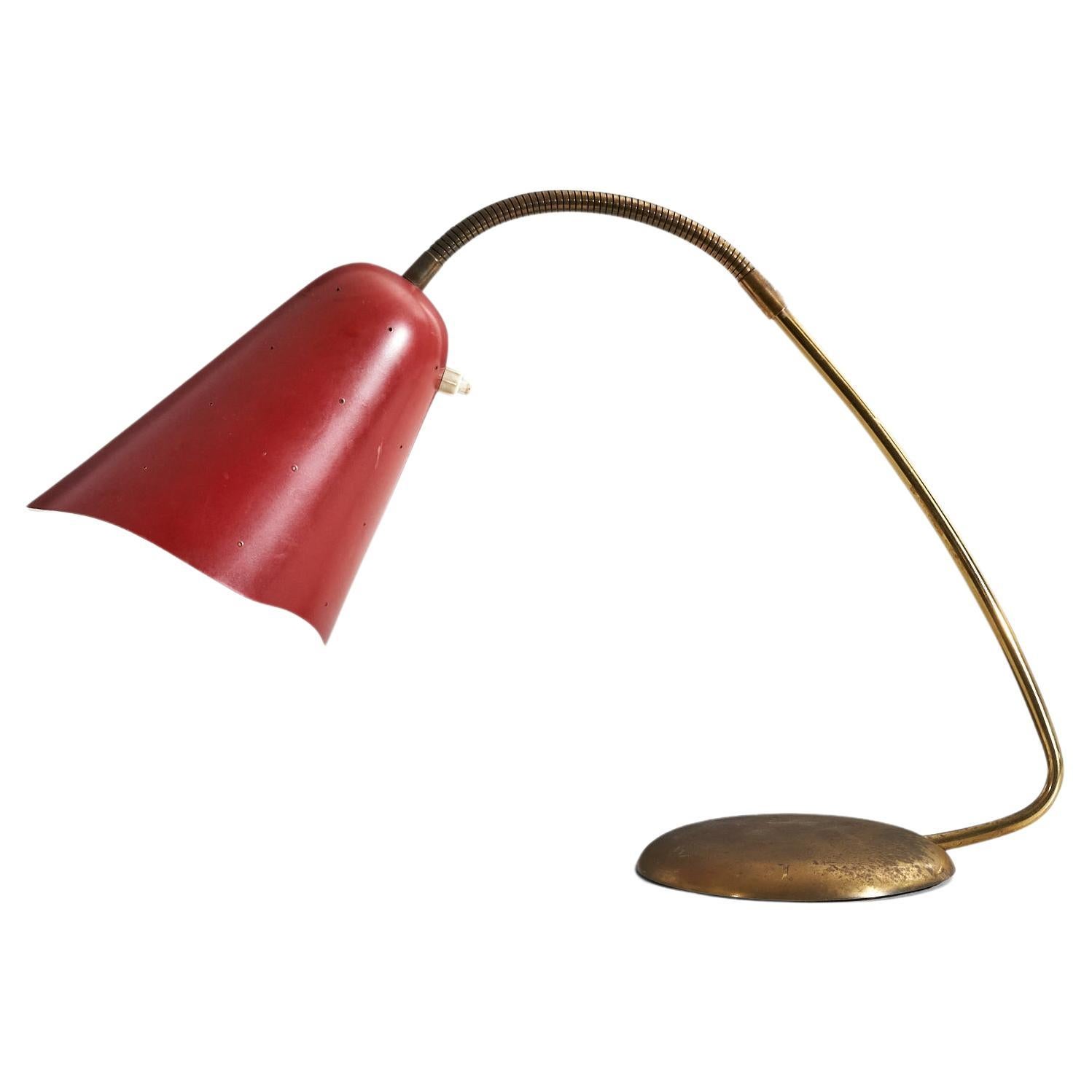 Svend Aage Holm Srensen, Tischlampe, Messing, rotes Metall, Dänemark, 1950er Jahre