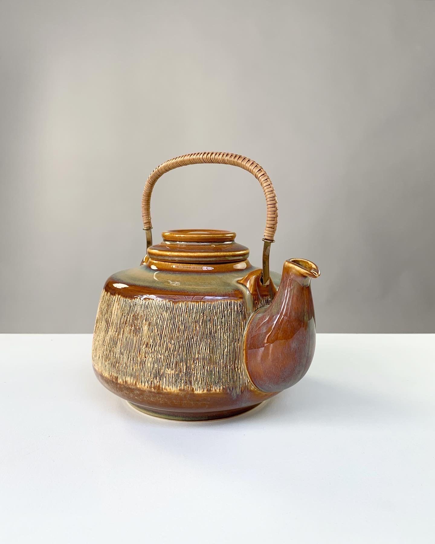 Mid-Century Modern Svend Aage Jensen Teapot Soholm Denmark Manilla Stoneware Brass & Wicker 1960s