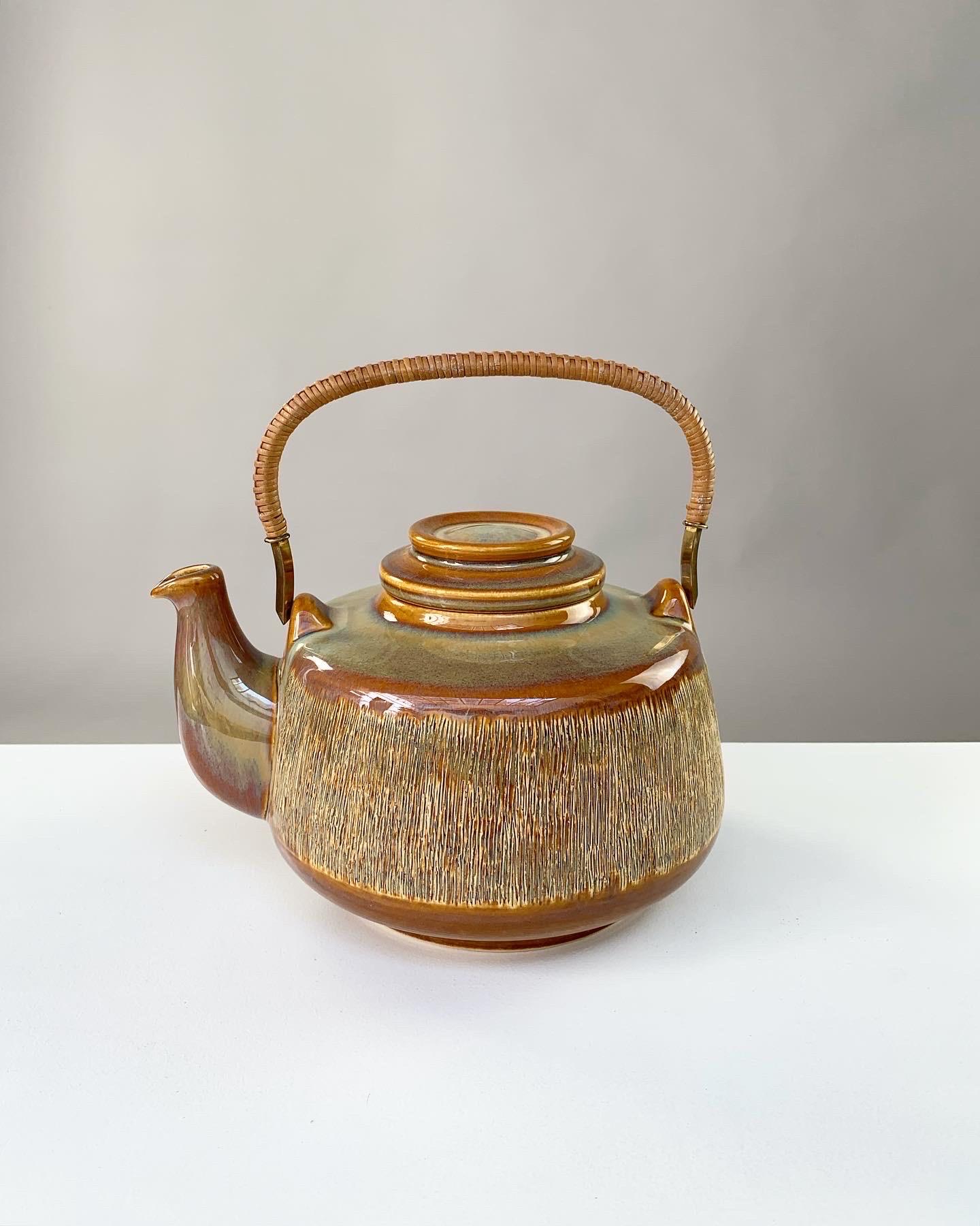 Danish Svend Aage Jensen Teapot Soholm Denmark Manilla Stoneware Brass & Wicker 1960s