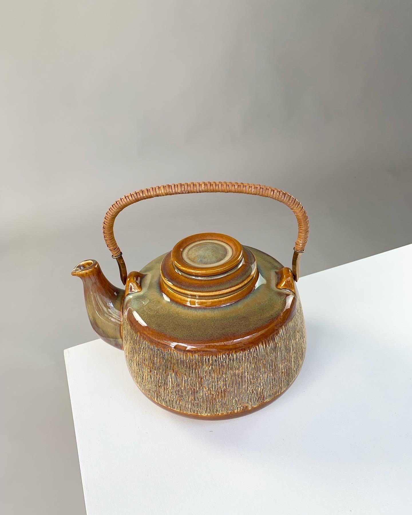 Hand-Crafted Svend Aage Jensen Teapot Soholm Denmark Manilla Stoneware Brass & Wicker 1960s