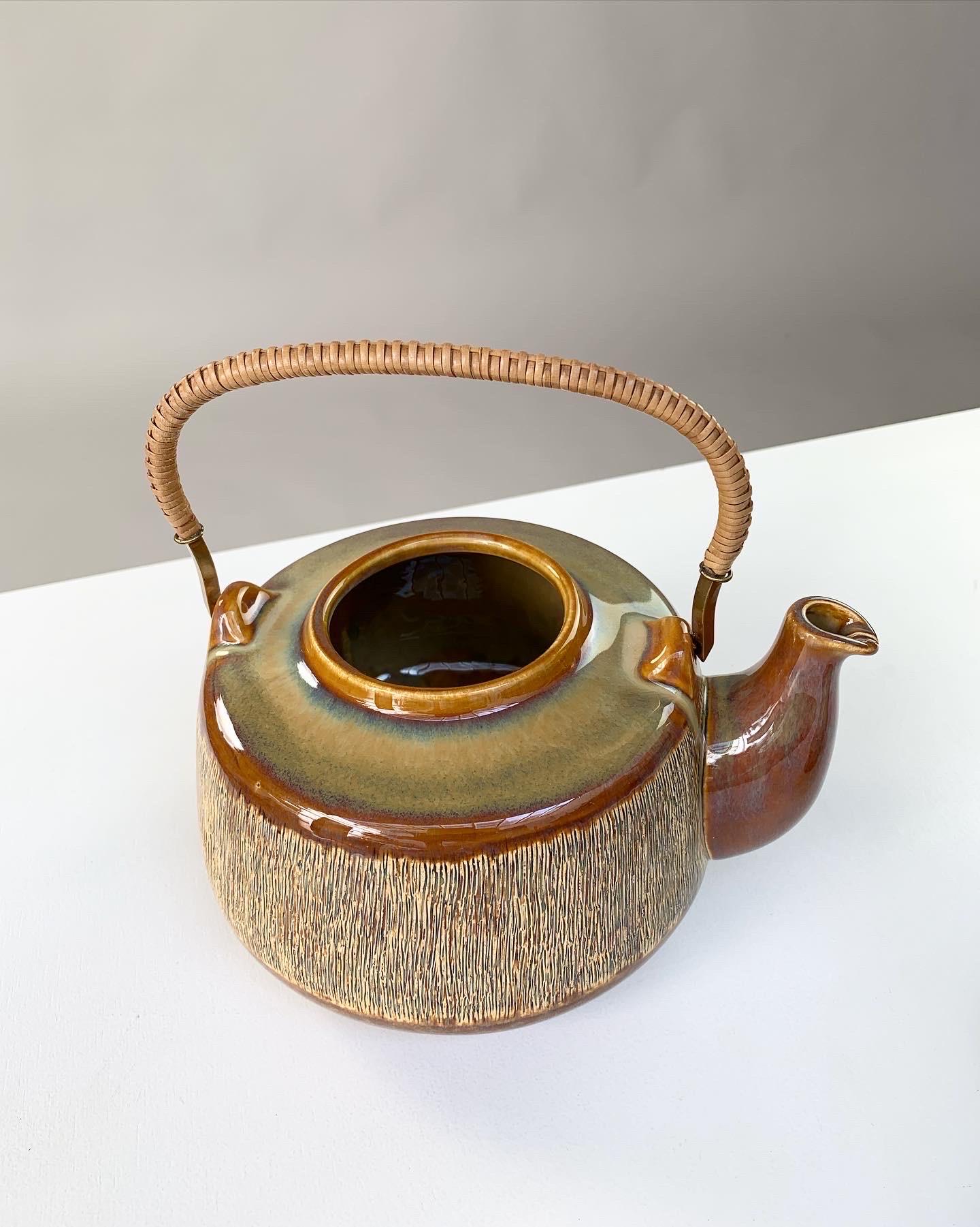 Mid-20th Century Svend Aage Jensen Teapot Soholm Denmark Manilla Stoneware Brass & Wicker 1960s
