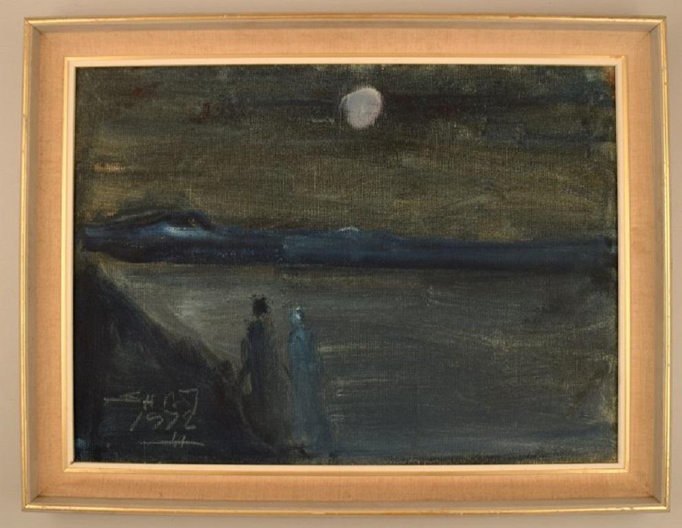 Svend Aage Tauscher (1911-1984), artiste danois. Huile sur toile. 
Paysage moderniste avec couple et lune en arrière-plan. Daté de 1972.
La toile mesure : 62 x 45 cm.
Le cadre mesure : 5.5 cm.
Signé et daté.
En parfait état.