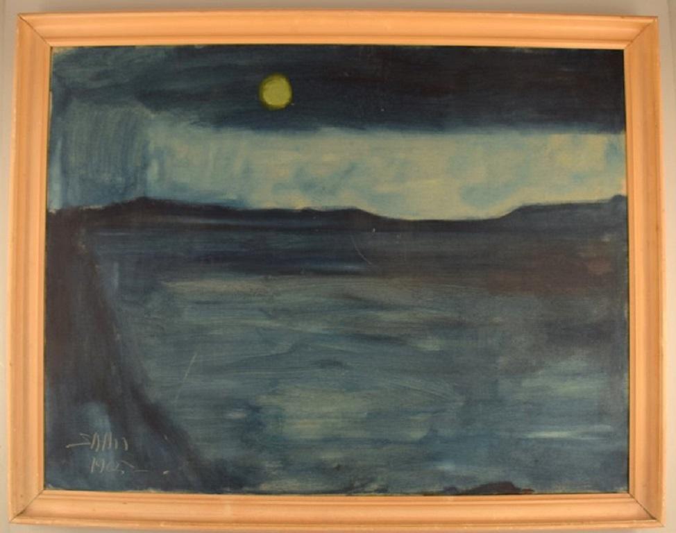 Svend Aage Tauscher (1911-1984), Danish artist. Oil on canvas. 
Modernist landscape with the moon in the sky. Dated 1965.
The canvas measures: 84 x 64 cm.
The frame measures: 4.5 cm.
In excellent condition.
Signed and dated.

Svend Aage grew