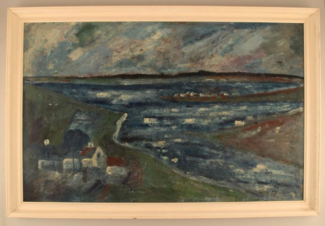 Svend Aage Tauscher (1911-1984), artiste danois. Huile sur toile. Paysage moderniste. Milieu du 20e siècle.
La toile mesure : 83 x 53 cm.
Le cadre mesure : 4.5 cm.
En parfait état.
Signé et daté.

Svend Aage a grandi dans un orphelinat.
Ses