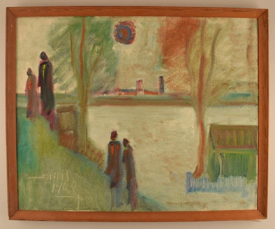 Svend Aage Tauscher (1911-1984), artiste danois. Huile sur toile. 
Paysage moderniste avec des personnages et le soleil dans le ciel. Daté de 1966.
La toile mesure : 65 x 52 cm.
Le cadre mesure : 2.5 cm.
En parfait état.
Signé et daté.

Svend