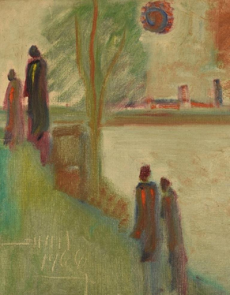 Danois Svend Aage Tauscher, huile sur toile, paysage moderniste avec personnages