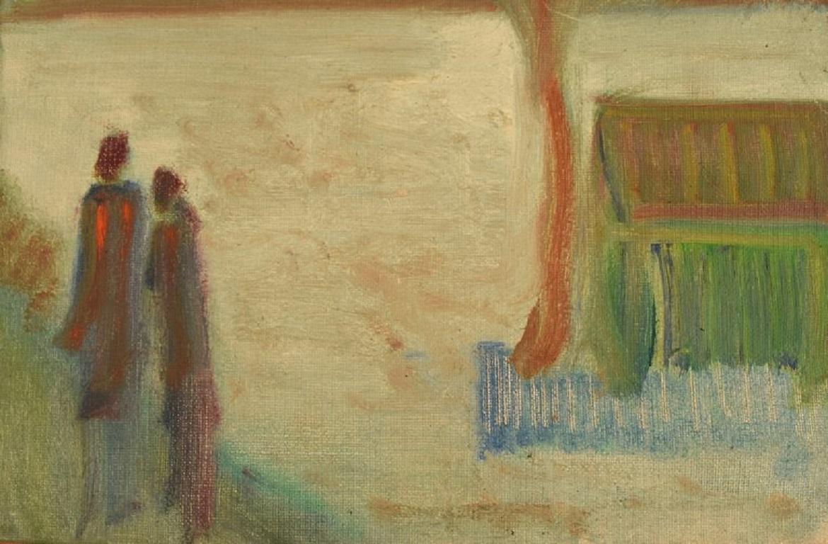 Milieu du XXe siècle Svend Aage Tauscher, huile sur toile, paysage moderniste avec personnages