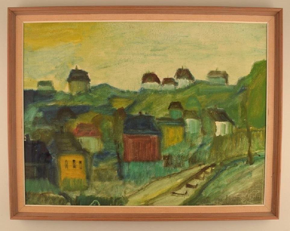 Svend Aage Tauscher (1911-1984), Danish artist. Oil on canvas. 
Modernist landscape with houses. Dated 1962.
The canvas measures: 65 x 49.5 cm.
The frame measures: 4 cm.
In excellent condition.
Signed and dated.

Svend Aage grew up in an