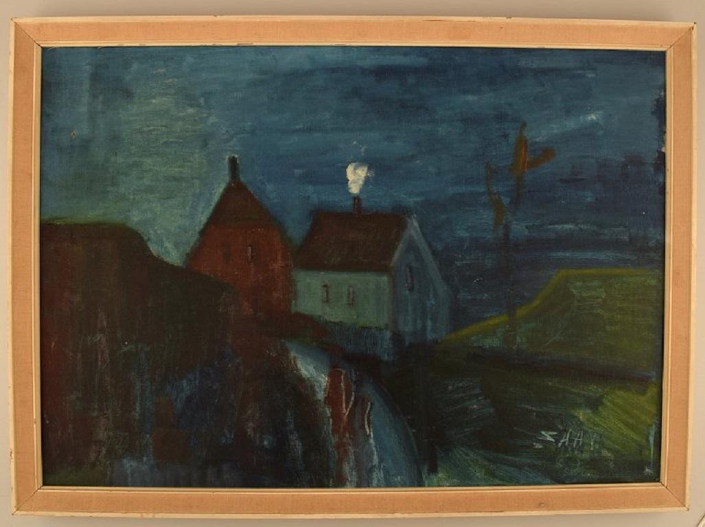 Svend Aage Tauscher (1911-1984), artiste danois. Huile sur toile. 
Paysage moderniste avec maisons. Daté de 1965.
La toile mesure : 68 x 47 cm.
Le cadre mesure : 3 cm.
Elle est en excellent état.
Signé et daté.

Svend Aage a grandi dans un