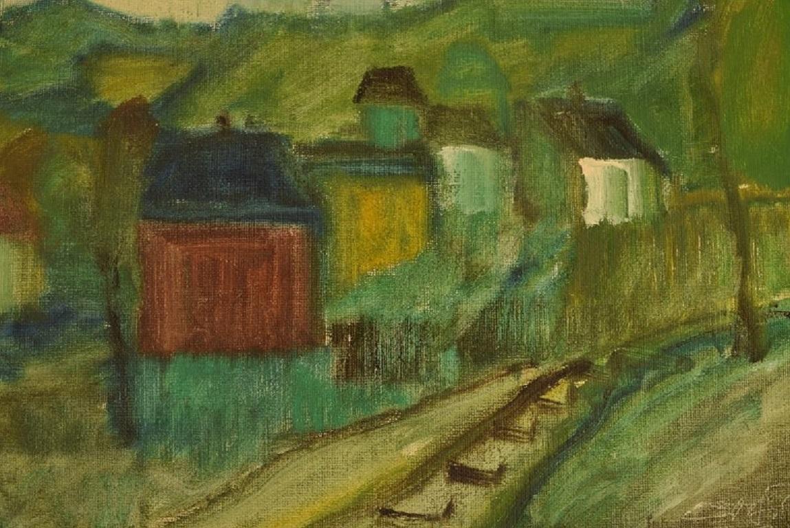 Danish Svend Aage Tauscher, Oil on Canvas, Modernist Landscape with Houses