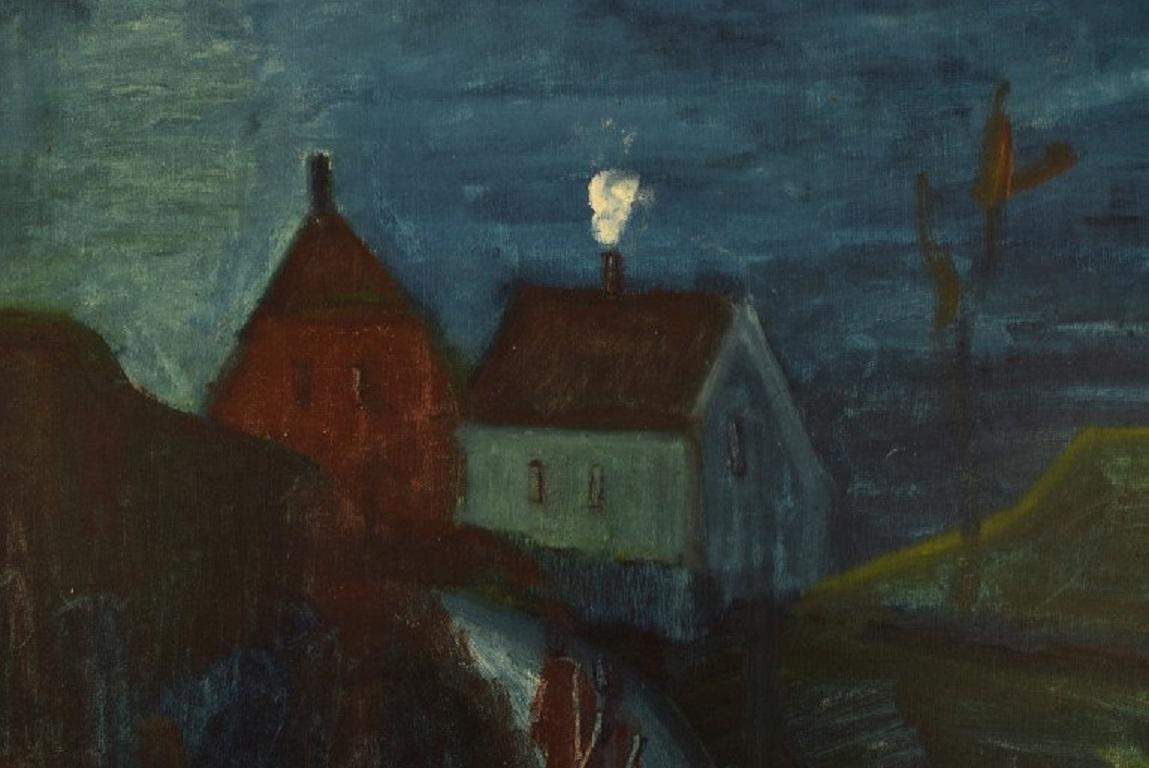 Danish Svend Aage Tauscher, Oil on Canvas, Modernist Landscape with Houses For Sale