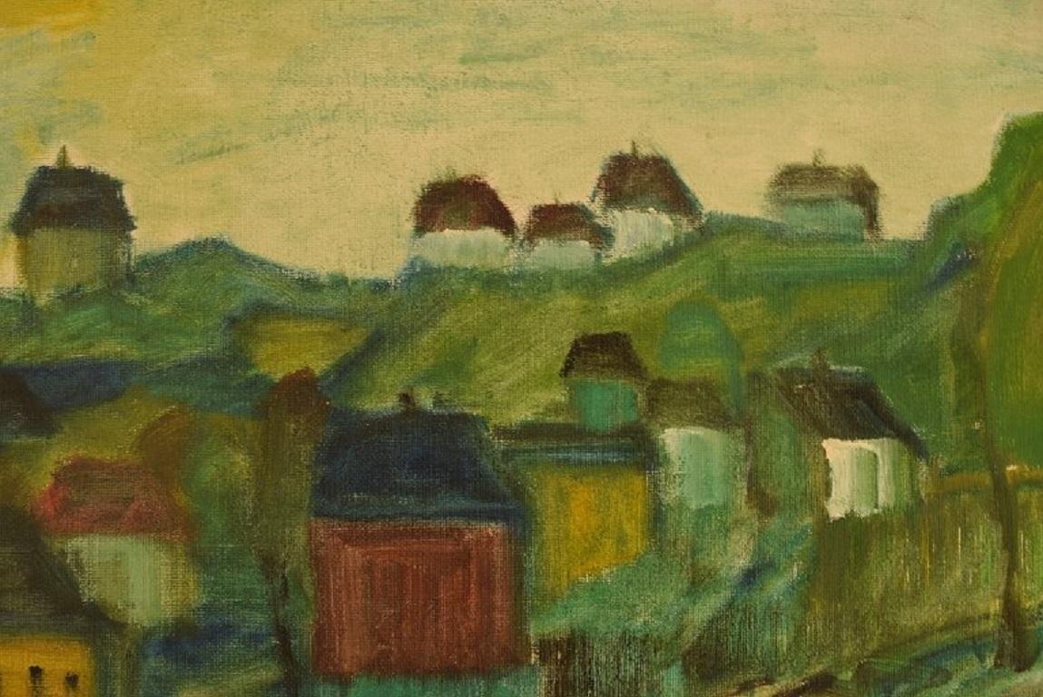 Svend Aage Tauscher, Oil on Canvas, Modernist Landscape with Houses In Excellent Condition In Copenhagen, DK