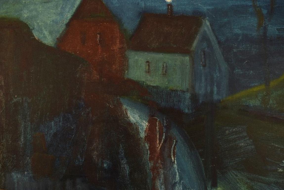Svend Aage Tauscher, Öl auf Leinwand, Modernistische Landschaft mit Häusern (Dänisch) im Angebot