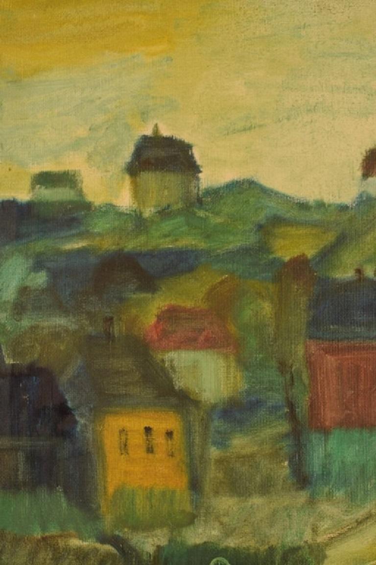 Mid-20th Century Svend Aage Tauscher, Oil on Canvas, Modernist Landscape with Houses