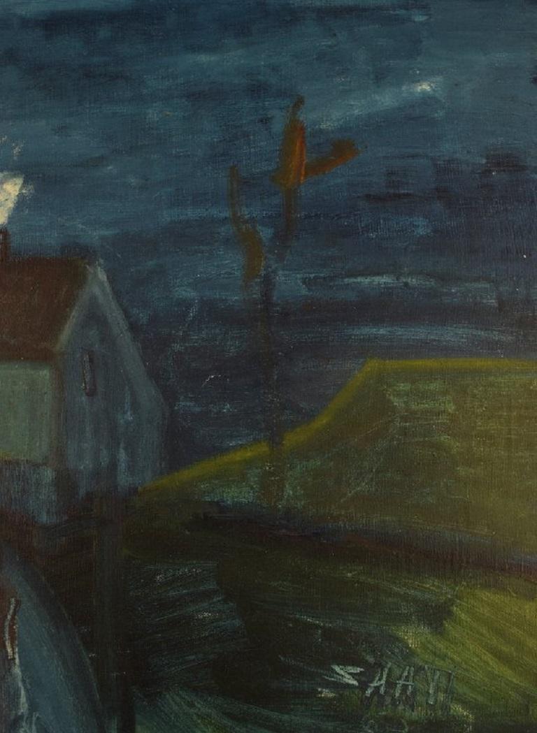 Svend Aage Tauscher, huile sur toile, paysage moderniste avec maisons Excellent état - En vente à Copenhagen, DK